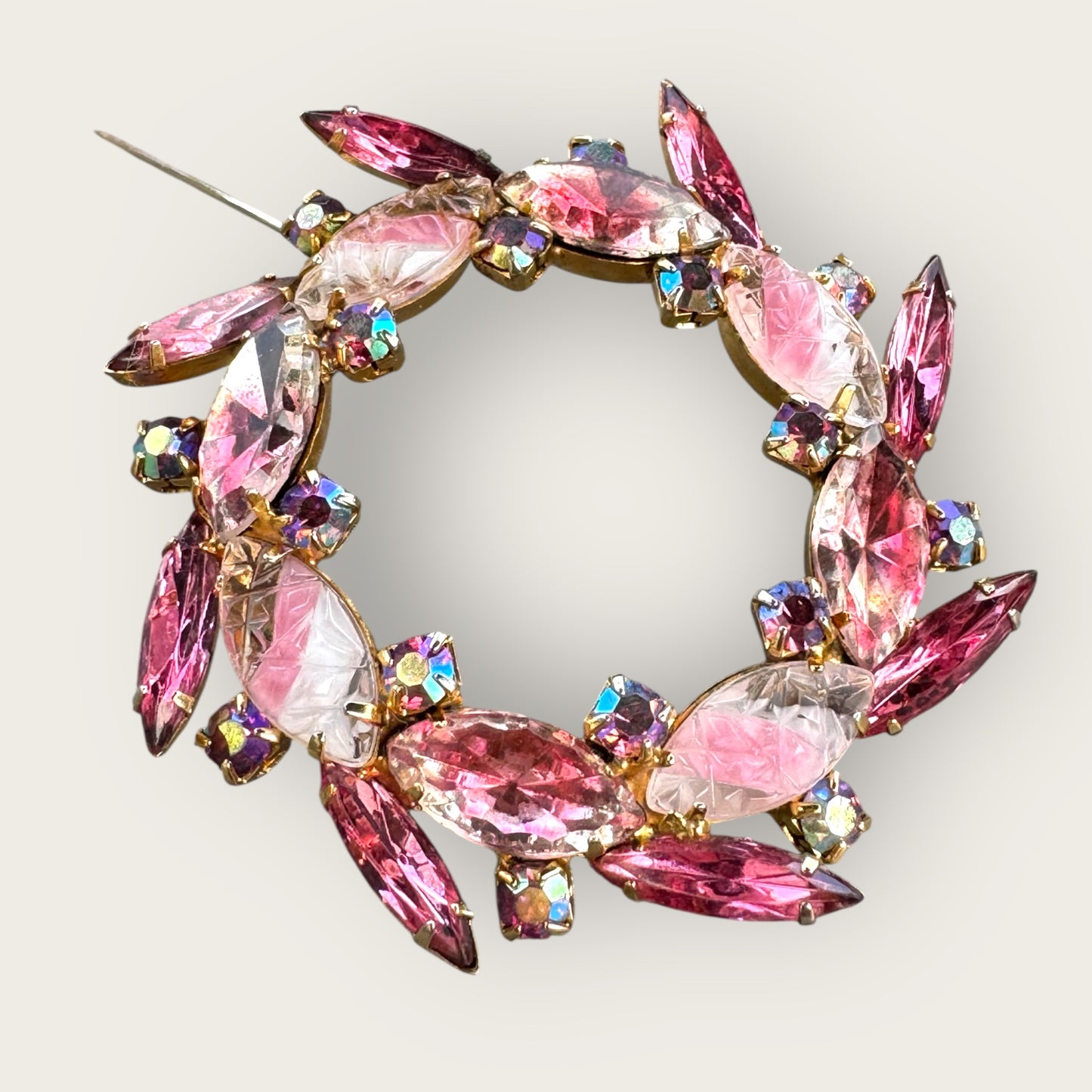Vintage Pink Rhinestone Wreath Brooch with Satin Glass Navettes and Aurora Borealis Accents