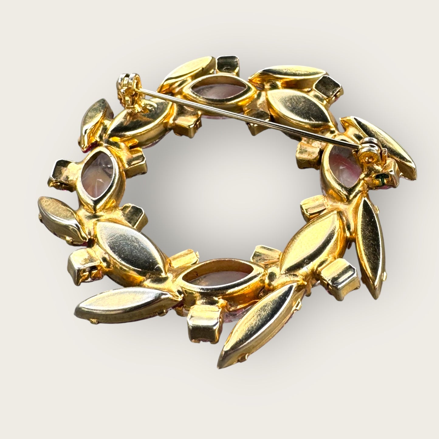 Vintage Pink Rhinestone Wreath Brooch with Satin Glass Navettes and Aurora Borealis Accents