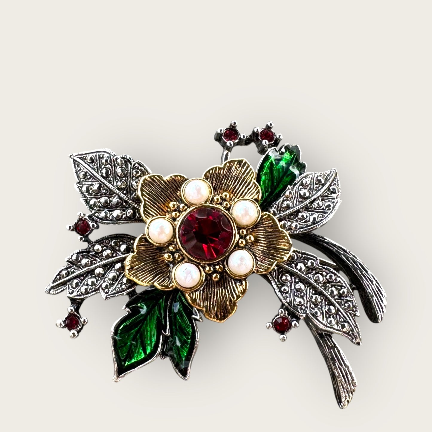 Vintage Avon Floral Brooch and Earrings Set – Gold Tone with Enamel, Faux Pearls, and Ruby Red Stones