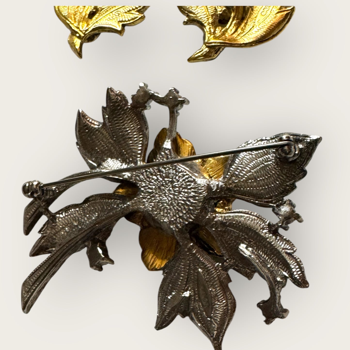 Vintage Avon Floral Brooch & Earrings Set – Gold-Tone, Green Enamel, Ruby Rhinestones & Faux Pearls