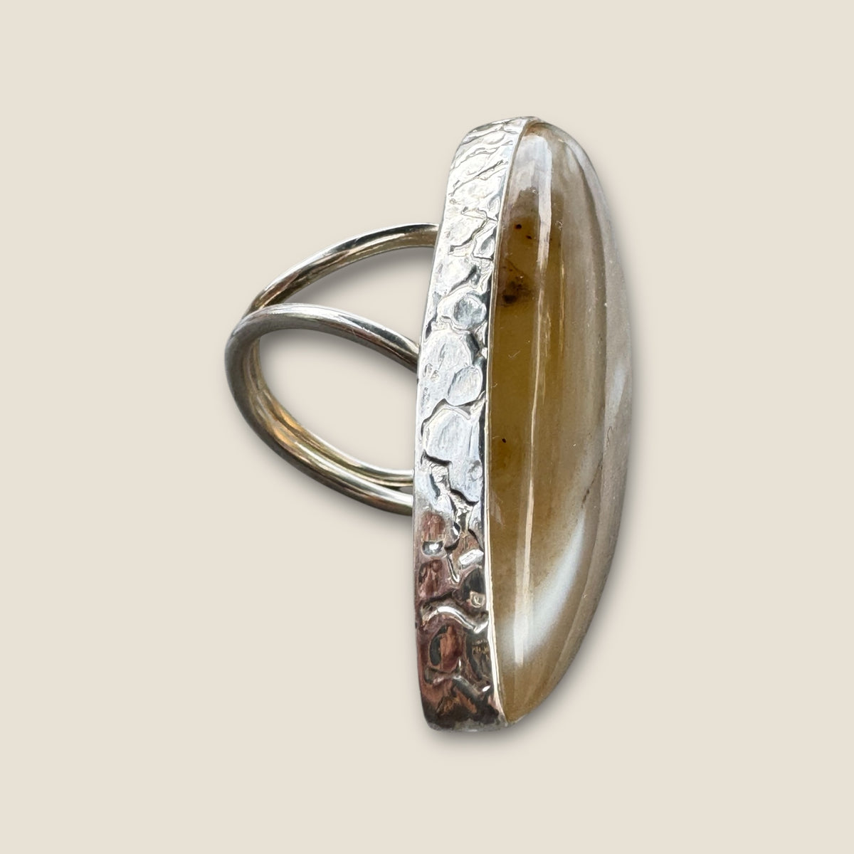 Vintage 925 Sterling Silver Hammered Adjustable Band Ring with Extra Large Smoky Quartz Cabochon – Artisan Statement Design