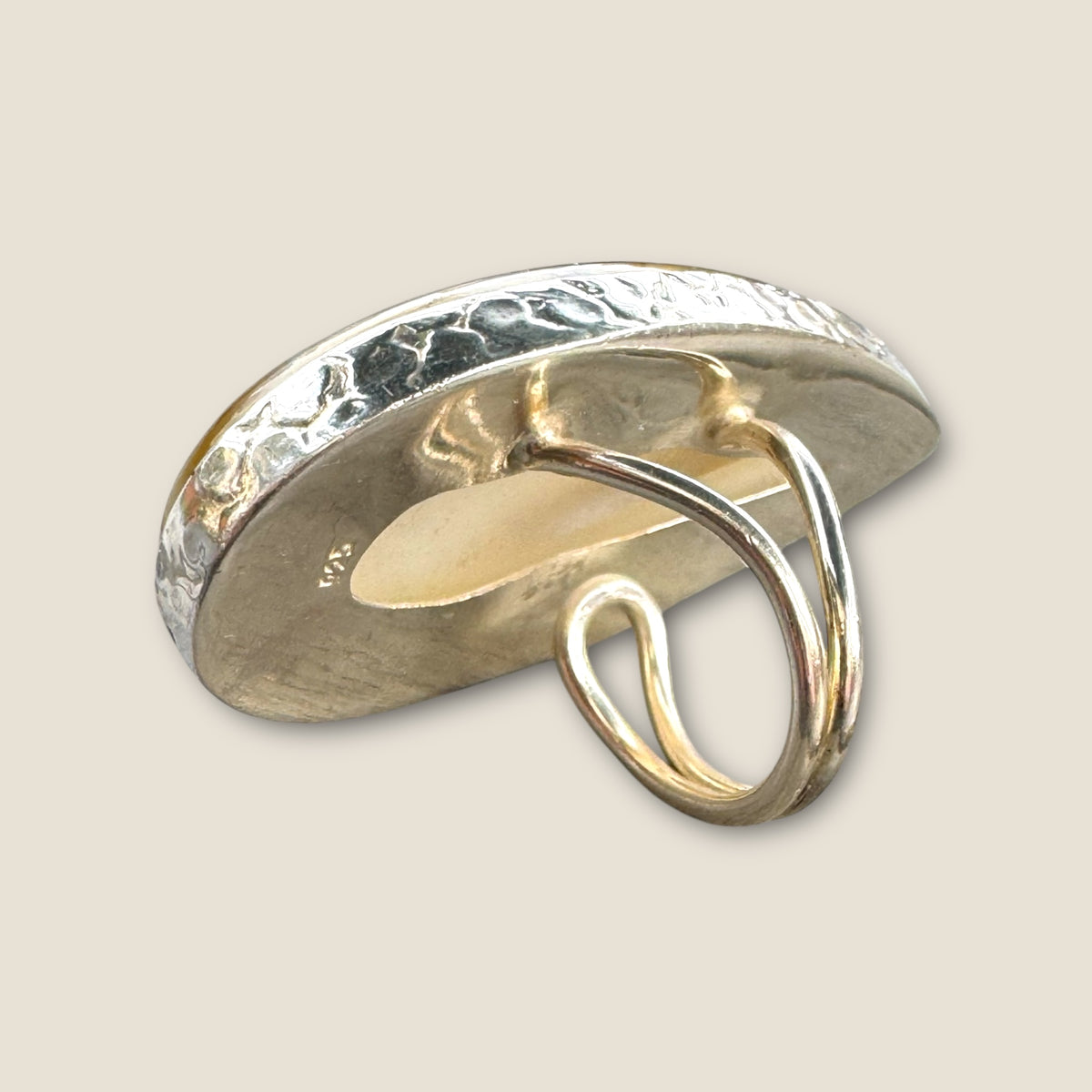 Vintage 925 Sterling Silver Hammered Adjustable Band Ring with Extra Large Smoky Quartz Cabochon – Artisan Statement Design