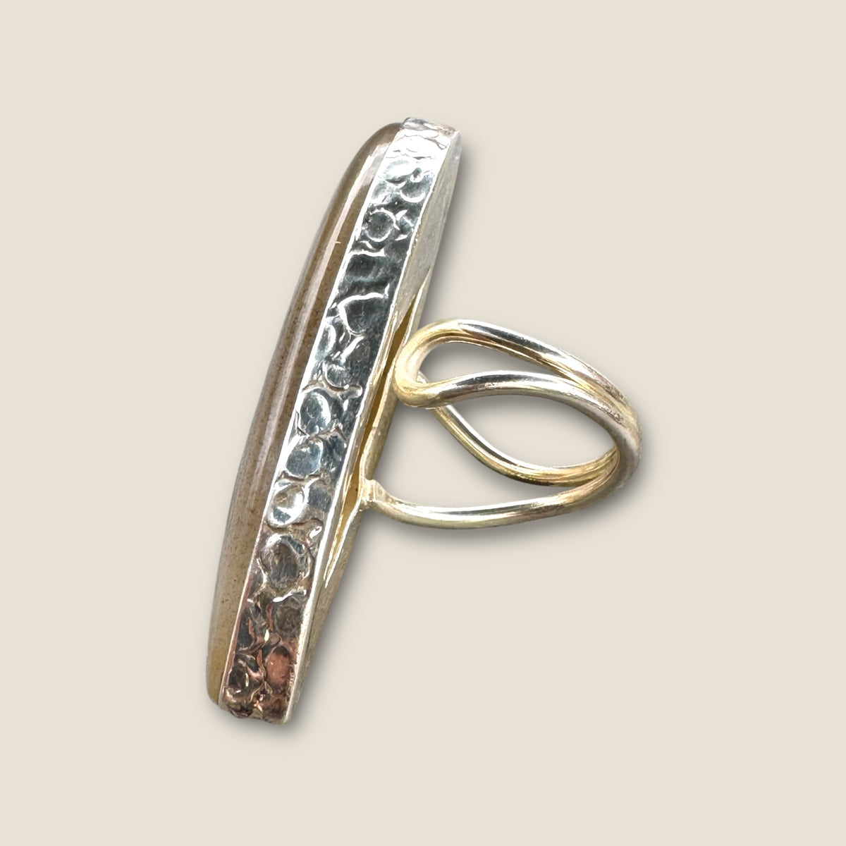Vintage 925 Sterling Silver Hammered Adjustable Band Ring with Extra Large Smoky Quartz Cabochon – Artisan Statement Design