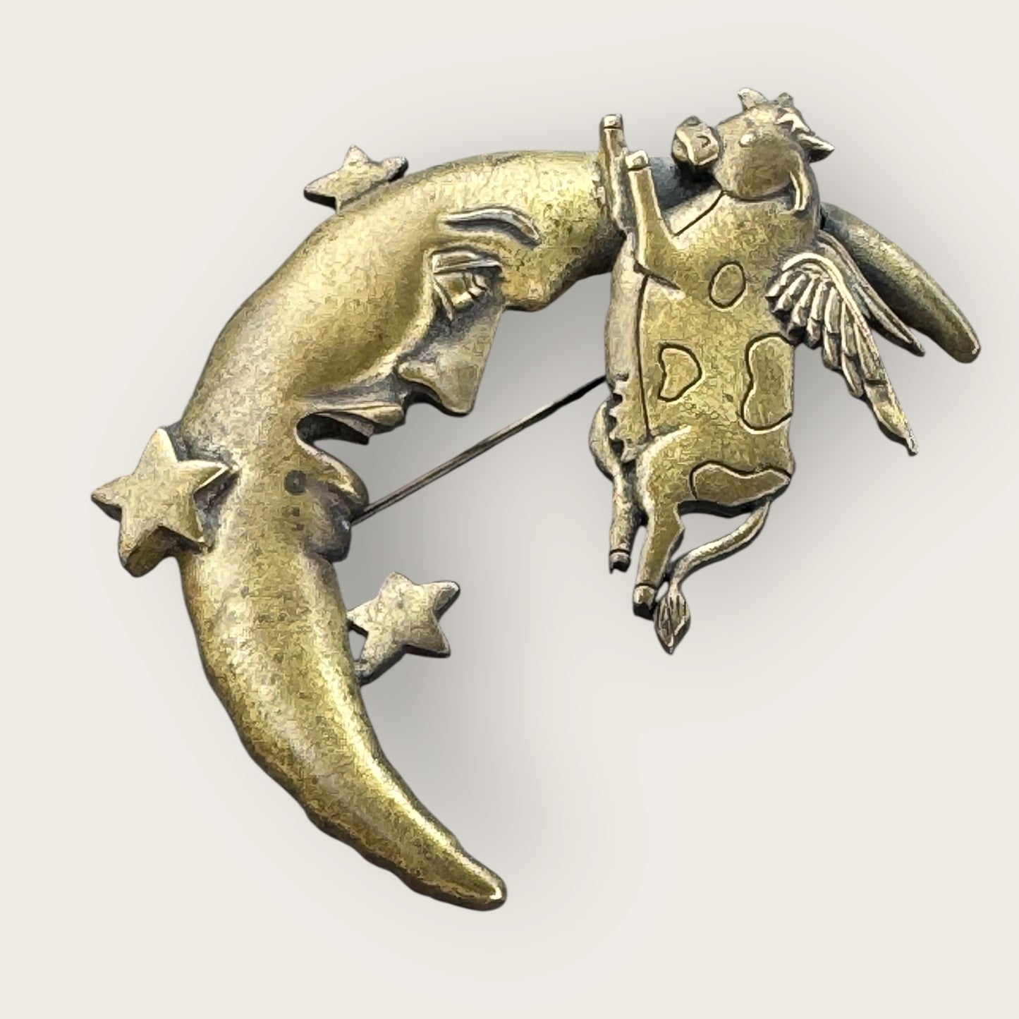 Signed JJ Cow Jumping Over the Moon Brooch – Antique Gold Brass Tone, 2.5