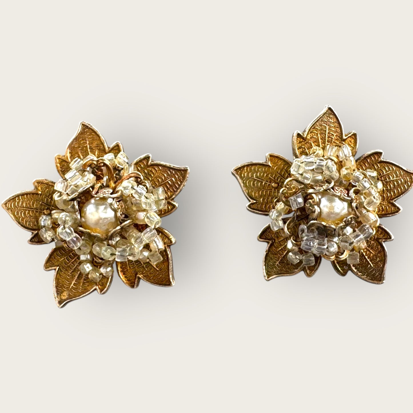 Vintage Miriam Haskell Gold-Tone Filigree Floral Clip-On Earrings with Pearls and Beads