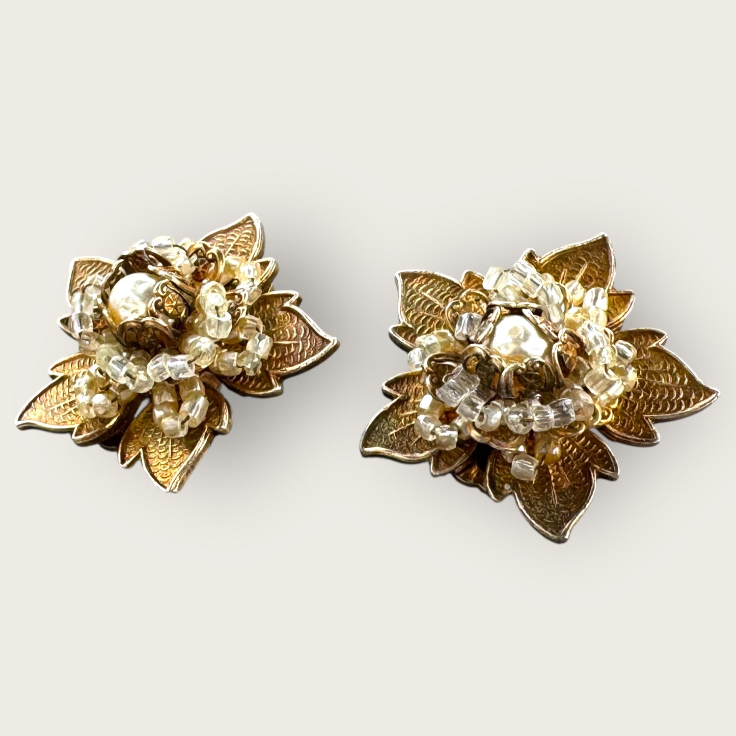 Vintage Miriam Haskell Gold-Tone Filigree Floral Clip-On Earrings with Pearls and Beads