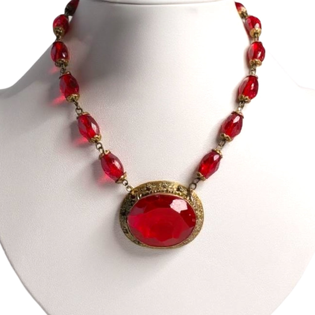 Antique Czech Red Glass Filigree Choker Necklace – Czechoslovakia Vintage Jewelry
