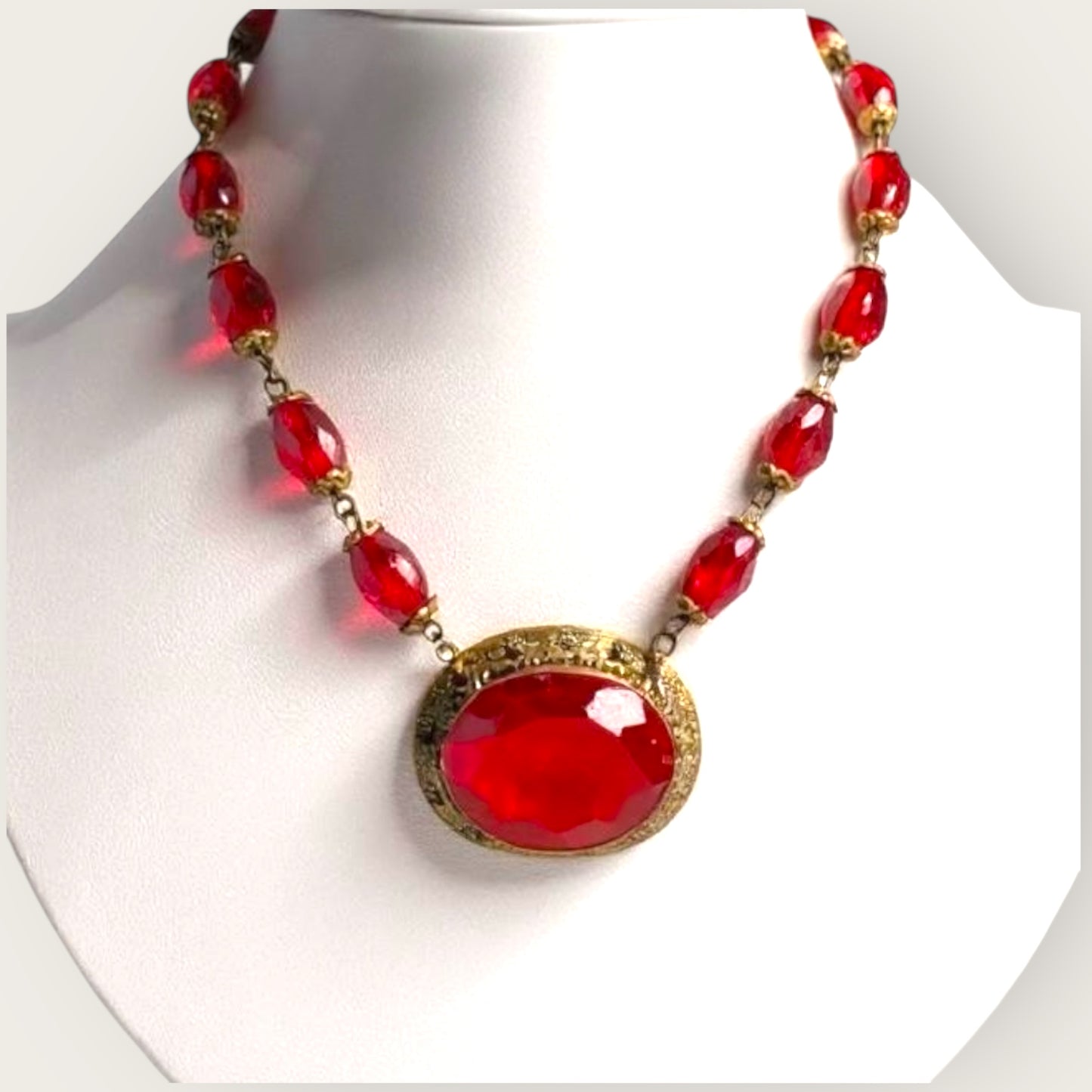 Antique Czech Red Glass Filigree Choker Necklace – Czechoslovakia Vintage Jewelry