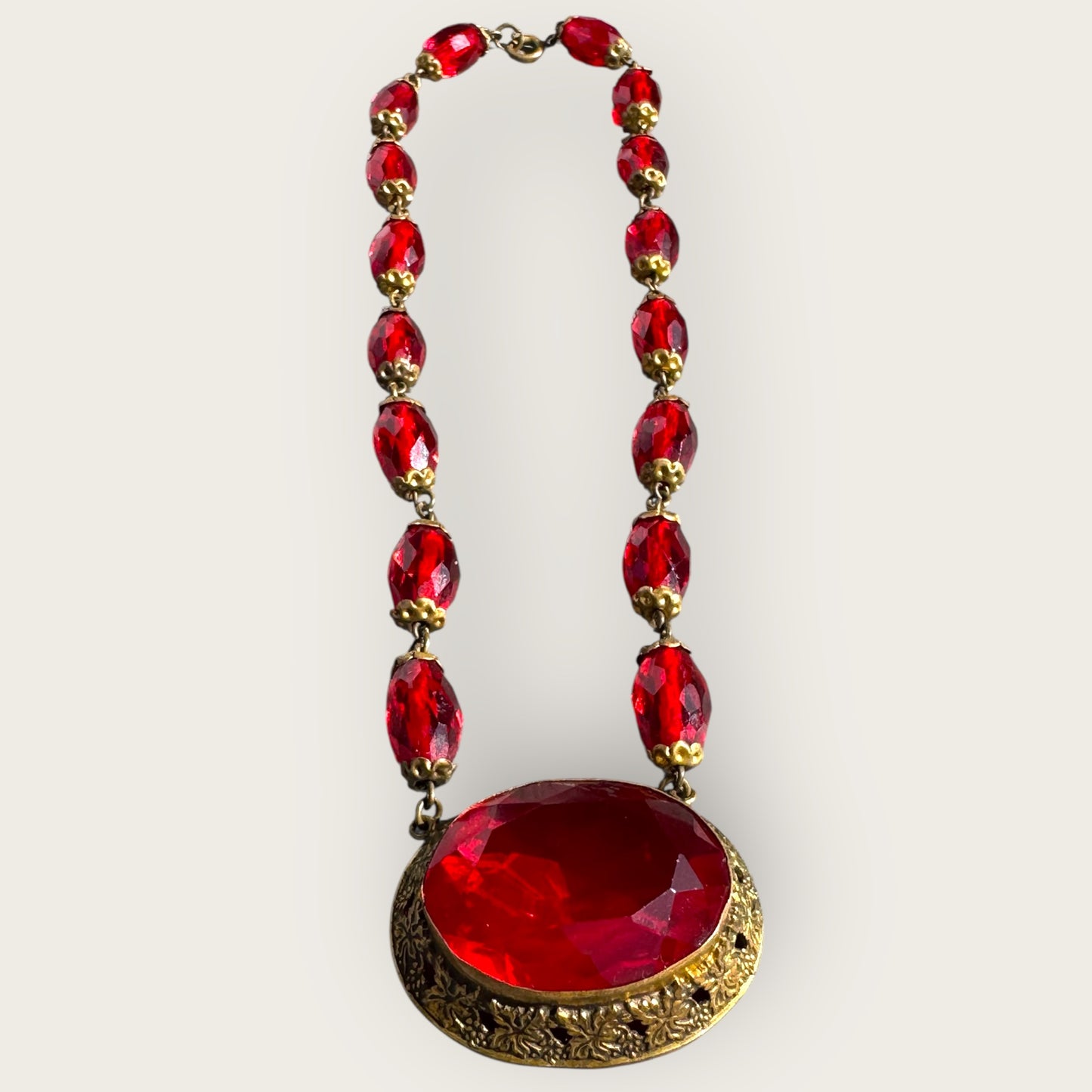 Antique Czech Red Glass Filigree Choker Necklace – Czechoslovakia Vintage Jewelry