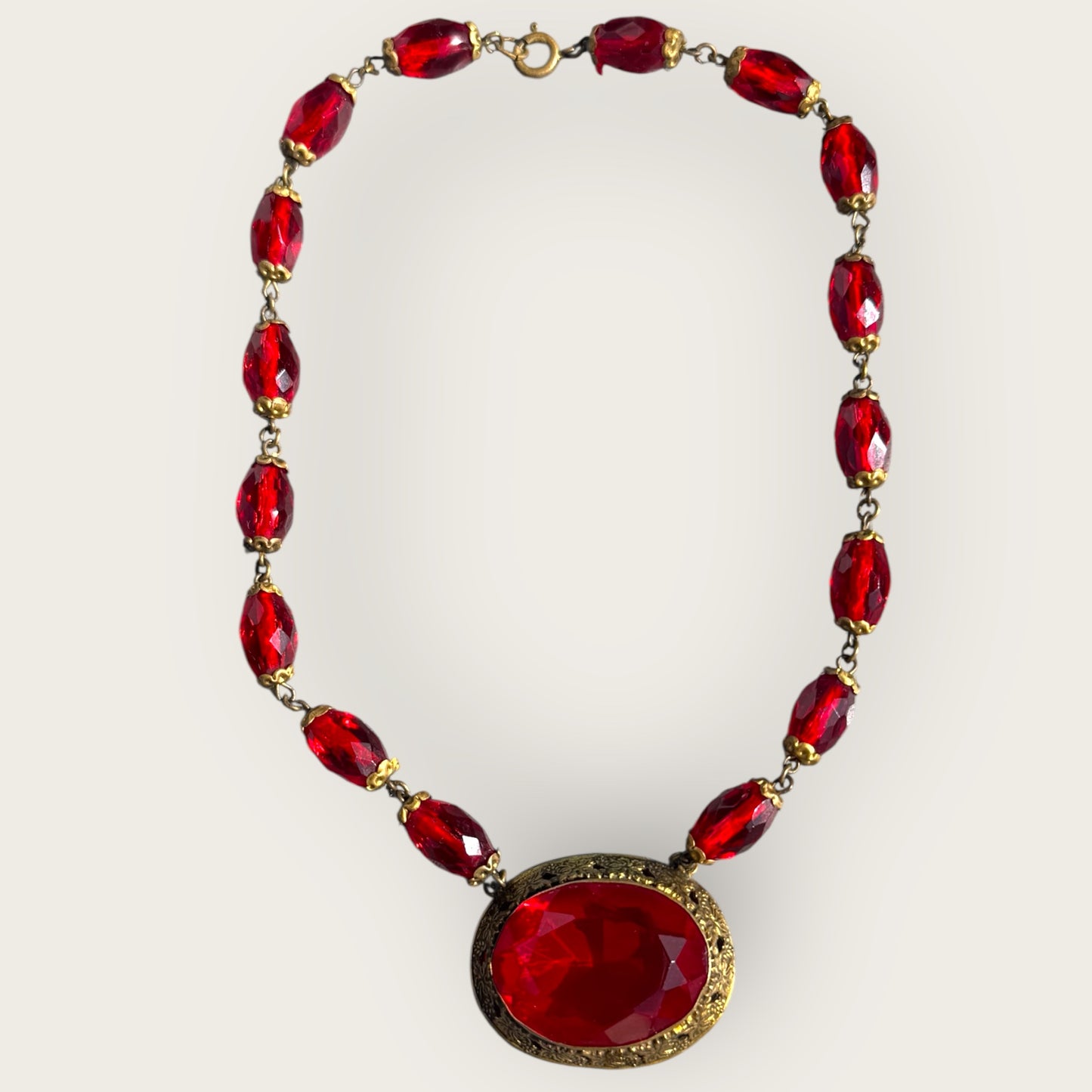Antique Czech Red Glass Filigree Choker Necklace – Czechoslovakia Vintage Jewelry