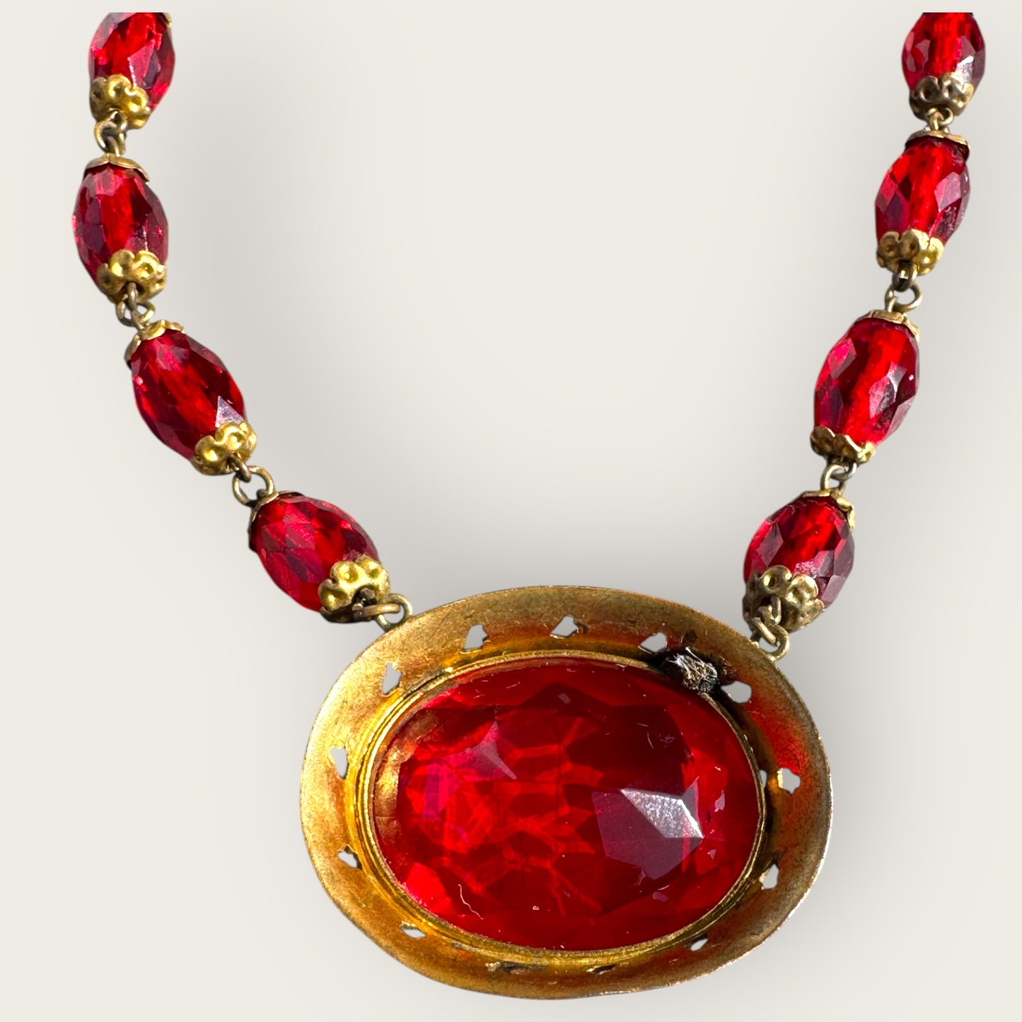 Antique Czech Red Glass Filigree Choker Necklace – Czechoslovakia Vintage Jewelry