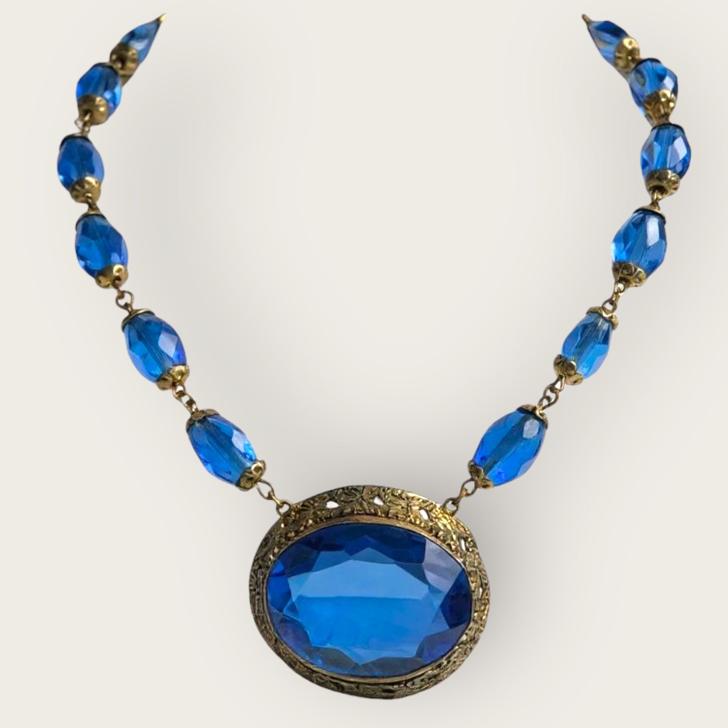 Antique Czech Blue Glass Filigree Choker Necklace – Czechoslovakia Vintage Jewelry