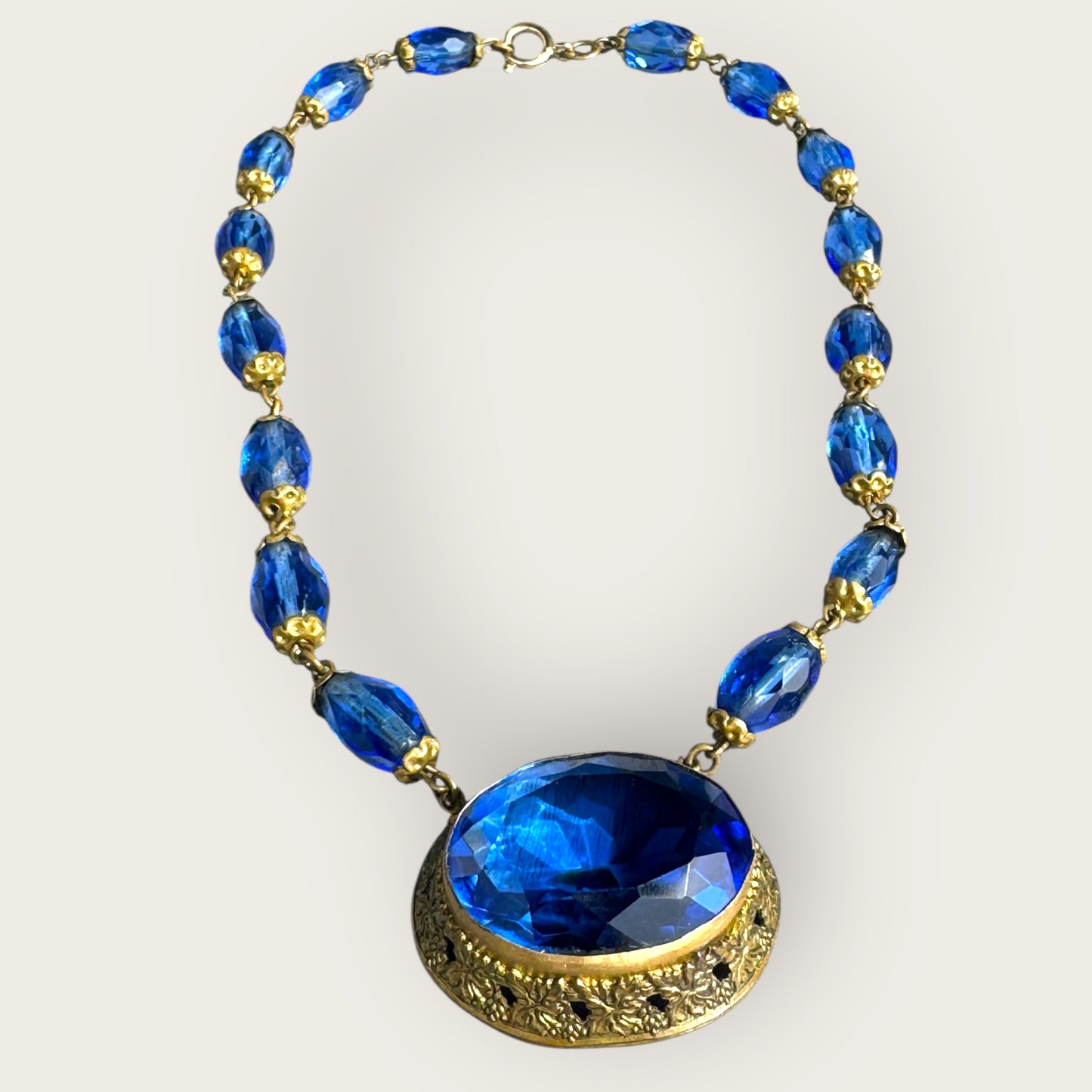 Antique Czech Blue Glass Filigree Choker Necklace – Czechoslovakia Vintage Jewelry