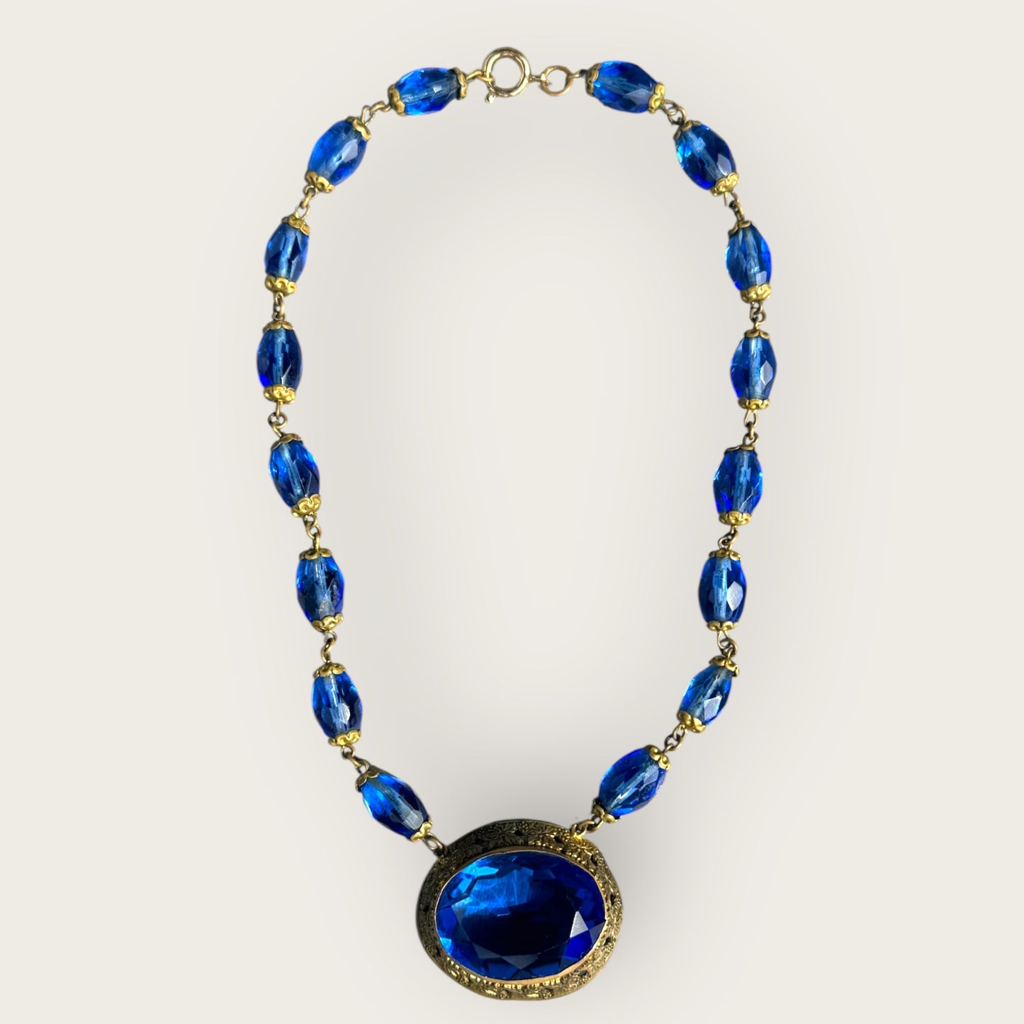 Antique Czech Blue Glass Filigree Choker Necklace – Czechoslovakia Vintage Jewelry