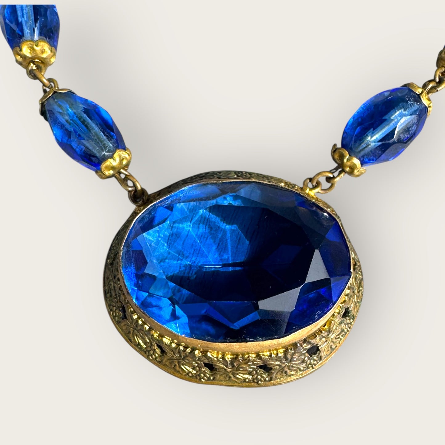 Antique Czech Blue Glass Filigree Choker Necklace – Czechoslovakia Vintage Jewelry