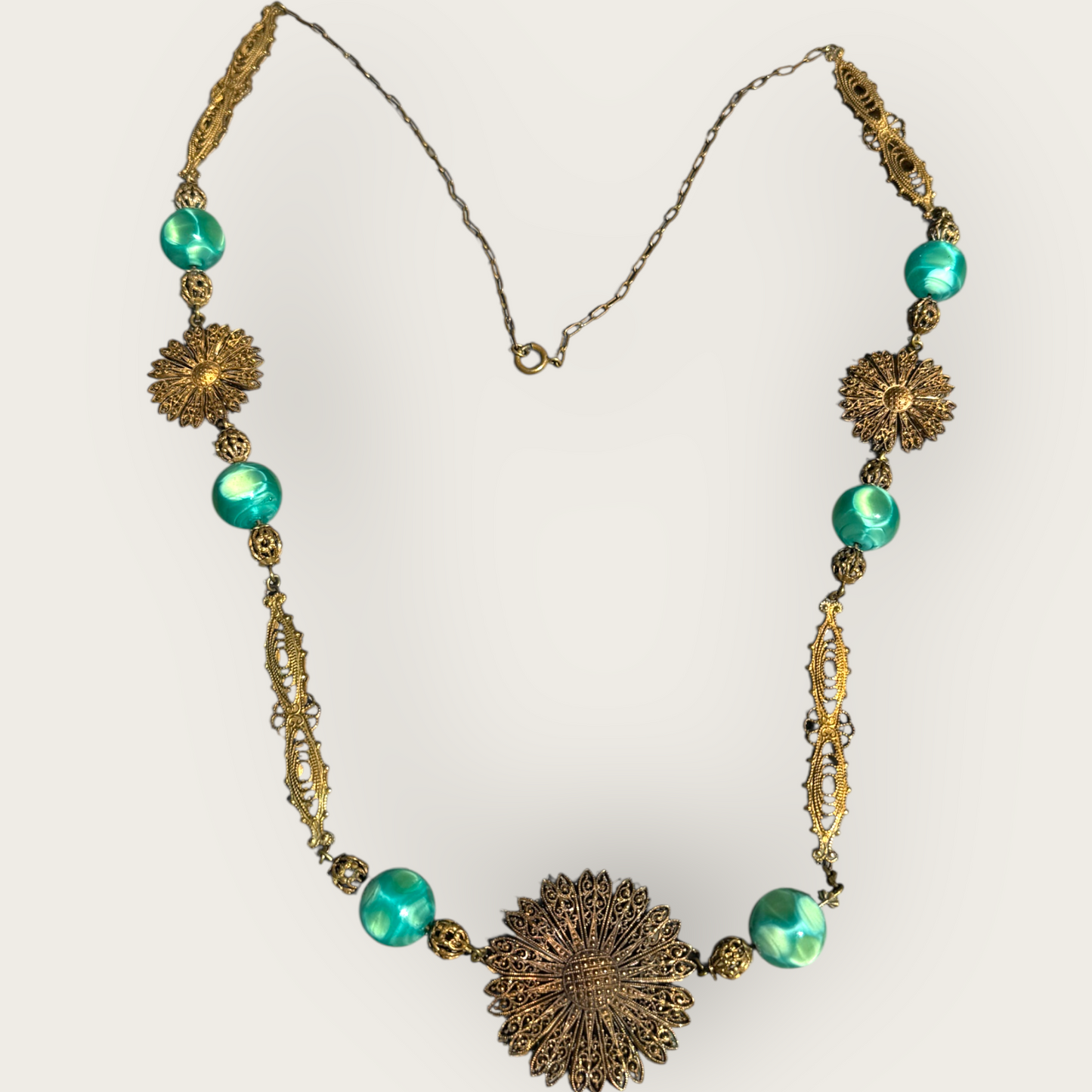 Antique 1920s Czech Green Glass & Brass Filigree Sautoir Necklace – Rare Collector’s Piece