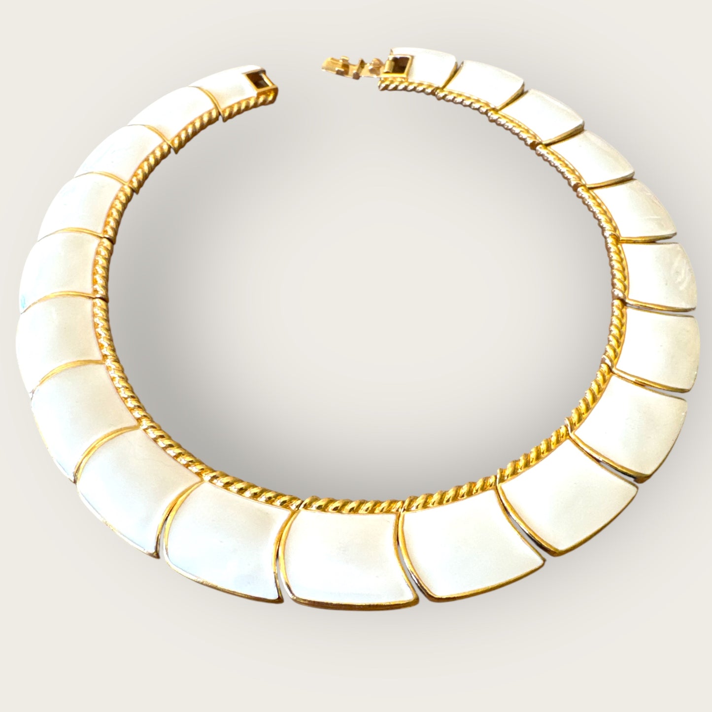 Vintage Monet Cream Enamel and Gold-Tone Articulated Collar Necklace – Signed Statement Choker