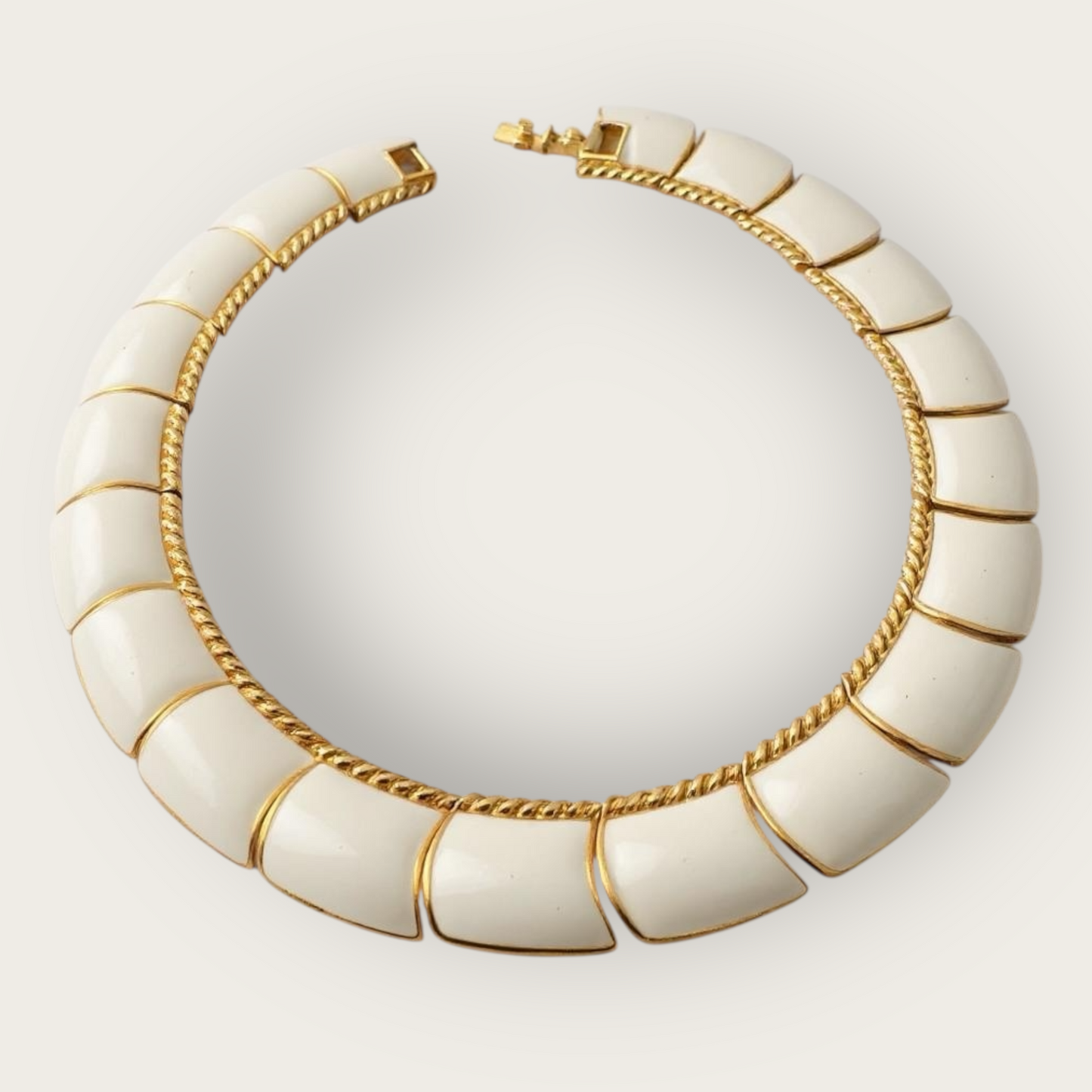 Vintage Monet Cream Enamel and Gold-Tone Articulated Collar Necklace – Signed Statement Choker