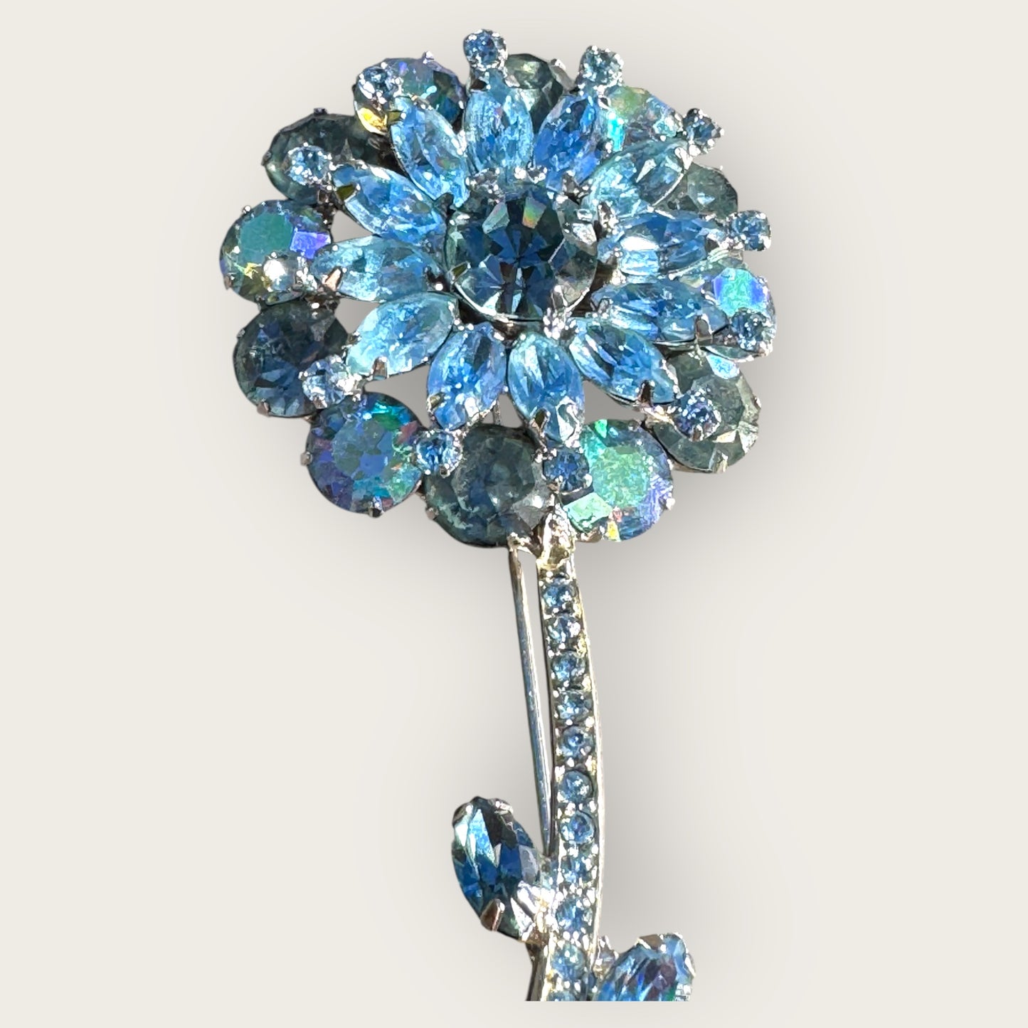 Vintage Signed Weiss Blue Aurora Borealis Rhinestone Flower Brooch