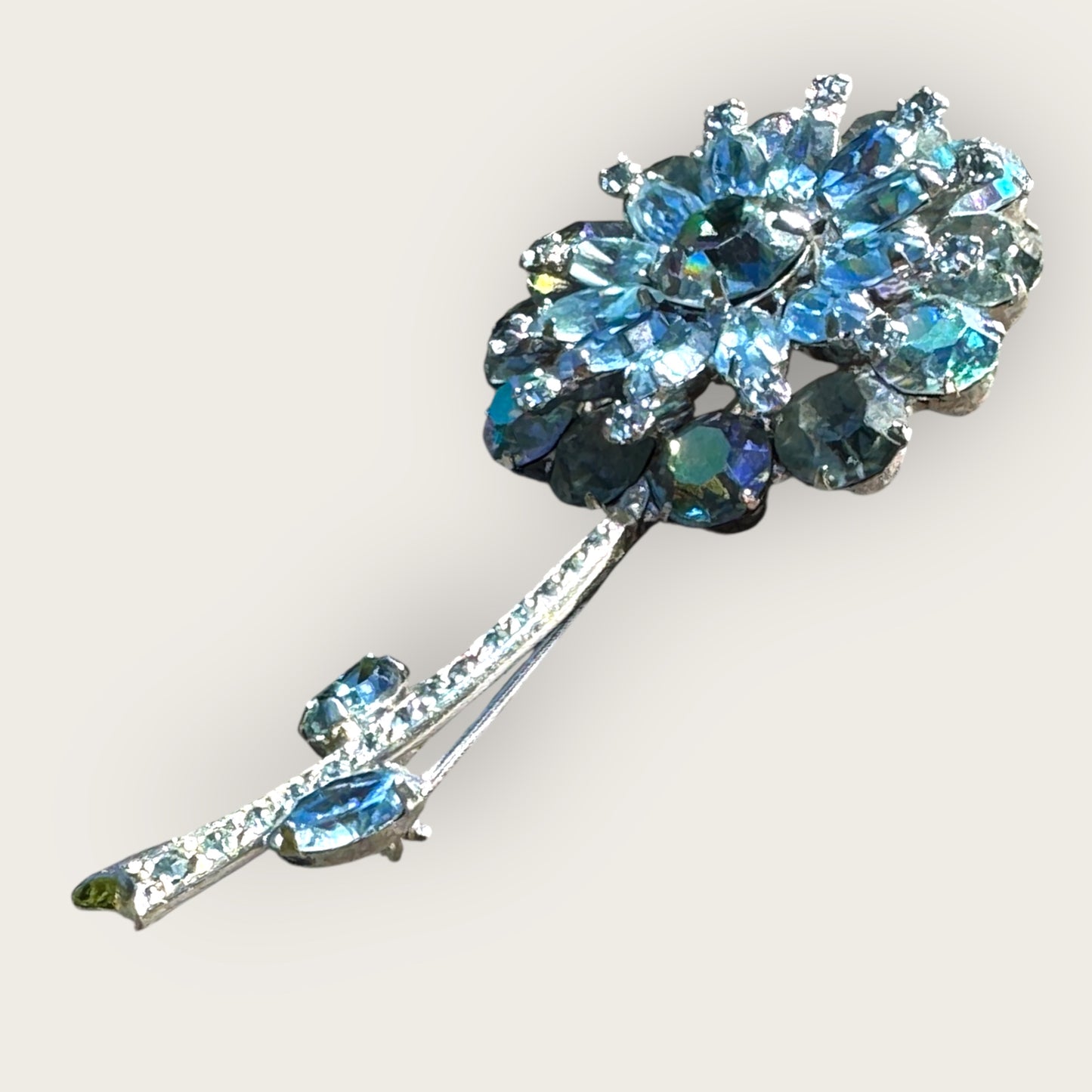 Vintage Signed Weiss Blue Aurora Borealis Rhinestone Flower Brooch