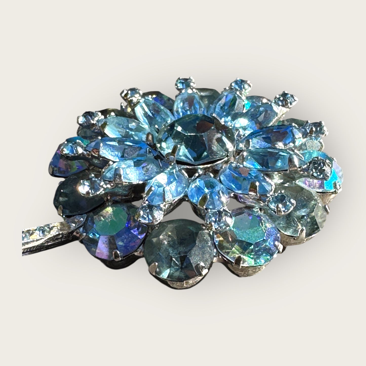 Vintage Signed Weiss Blue Aurora Borealis Rhinestone Flower Brooch