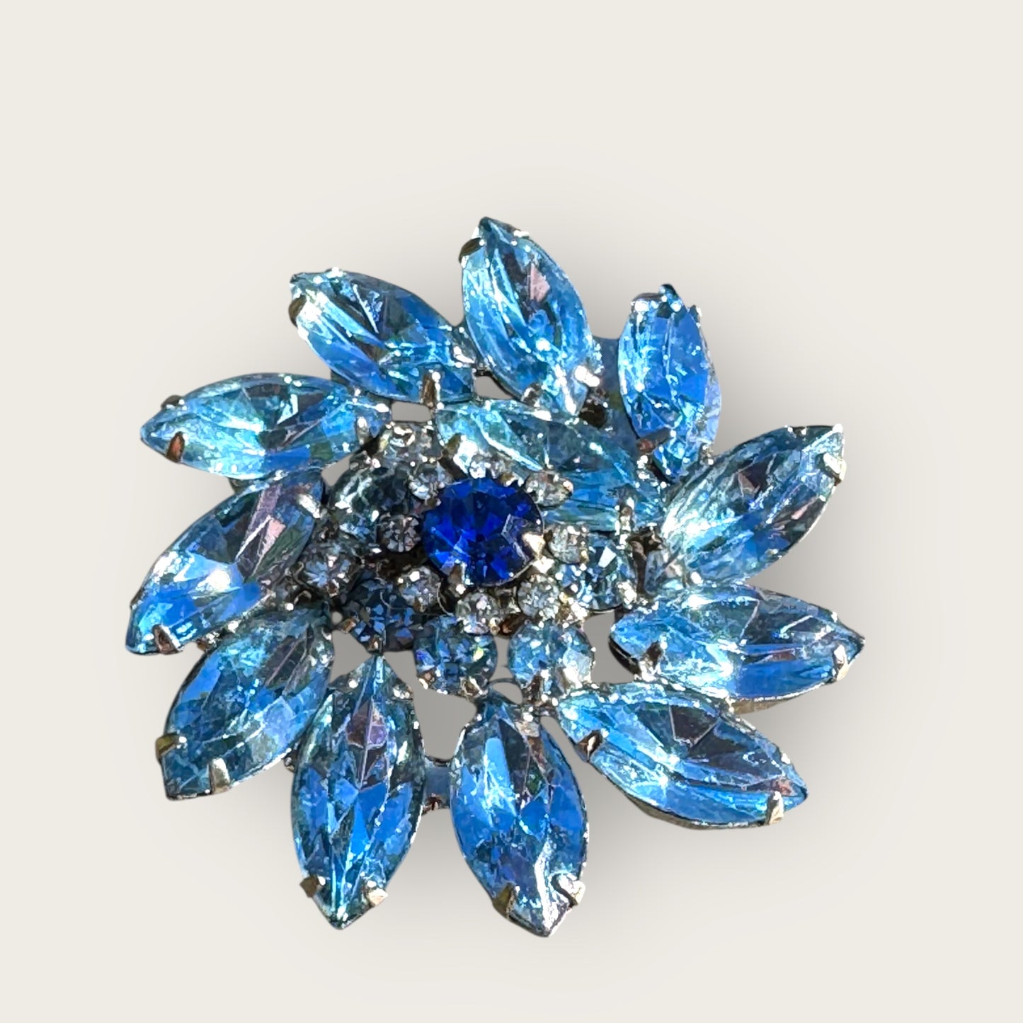 Vintage Verified Juliana Blue Rhinestone Brooch – Layered Navette & Round Stones