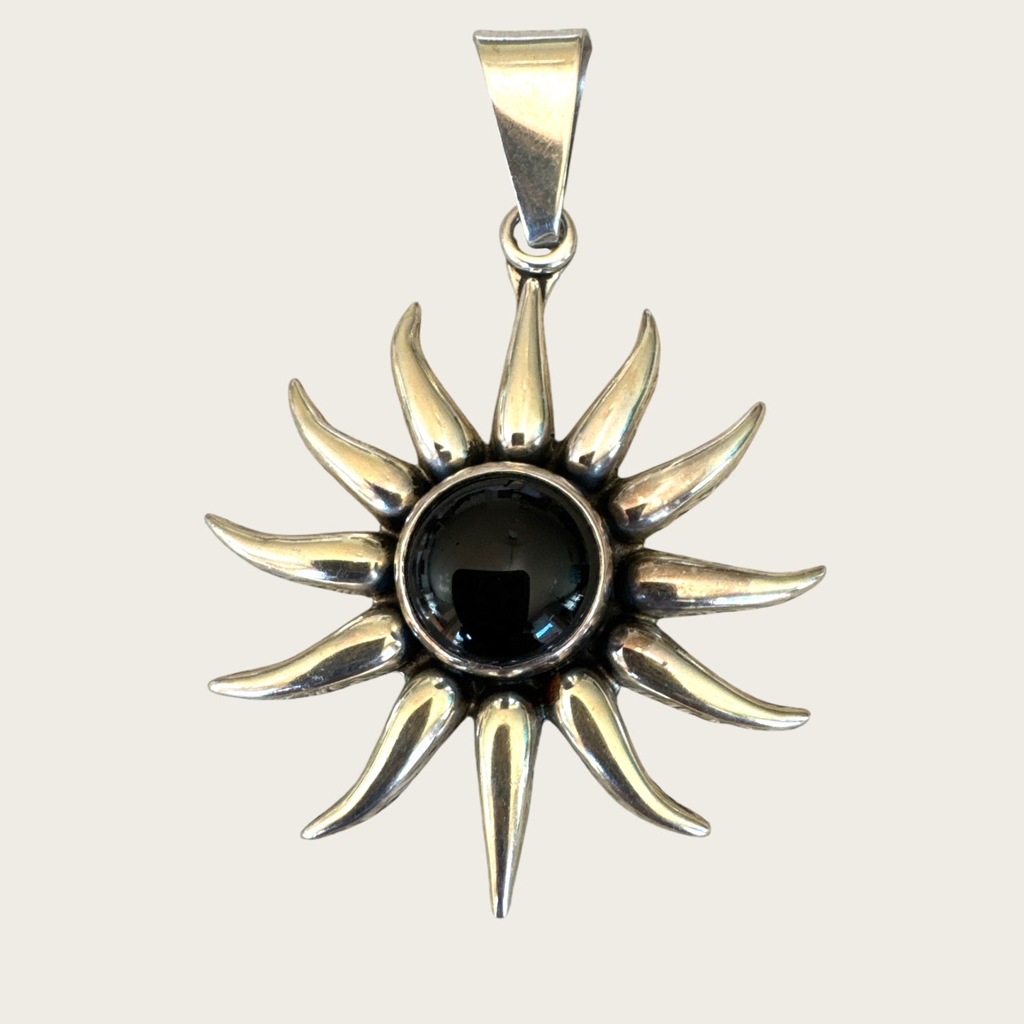 Sterling Silver Sunburst Pendant with Black Onyx – 22.52g – Signed 925