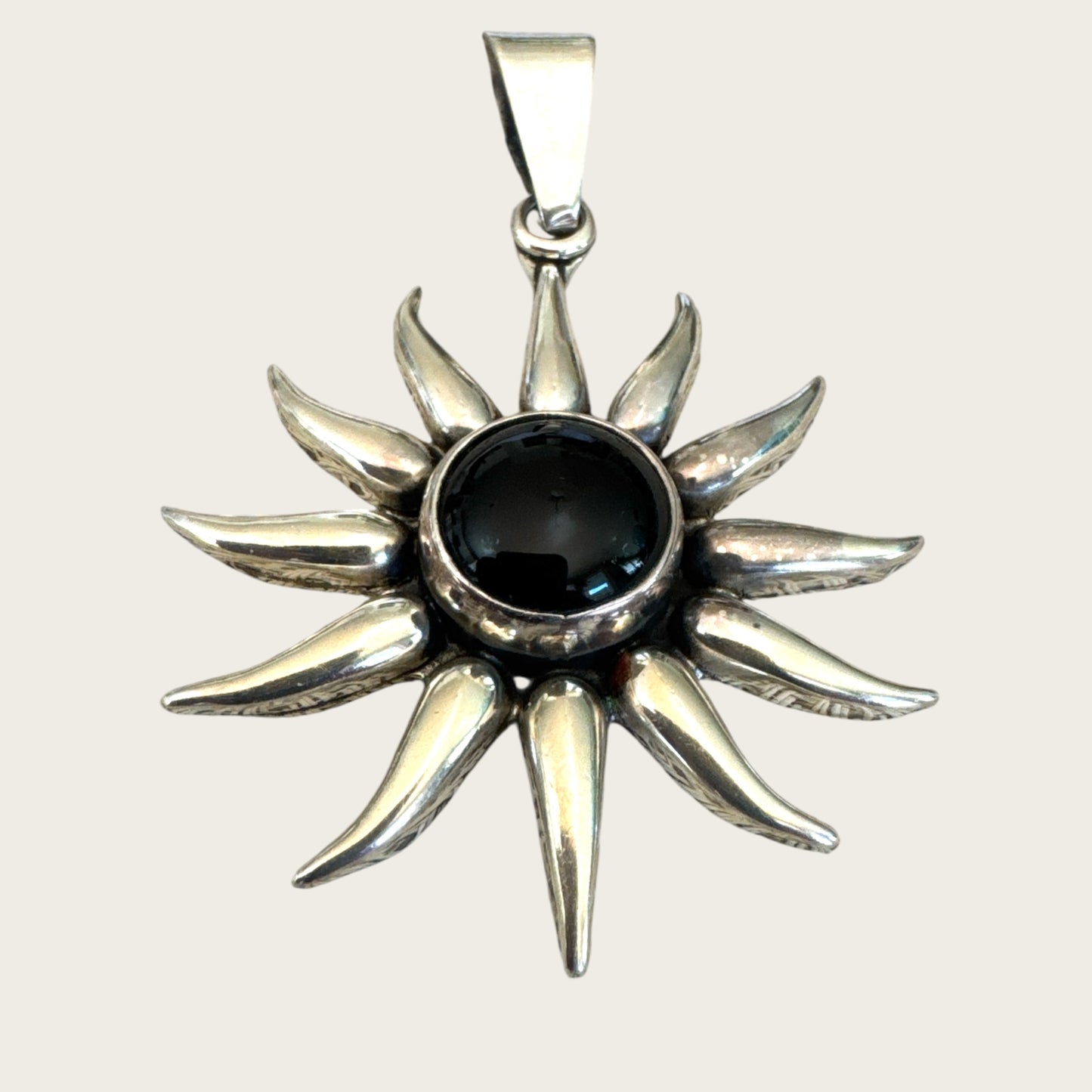 Sterling Silver Sunburst Pendant with Black Onyx – 22.52g – Signed 925