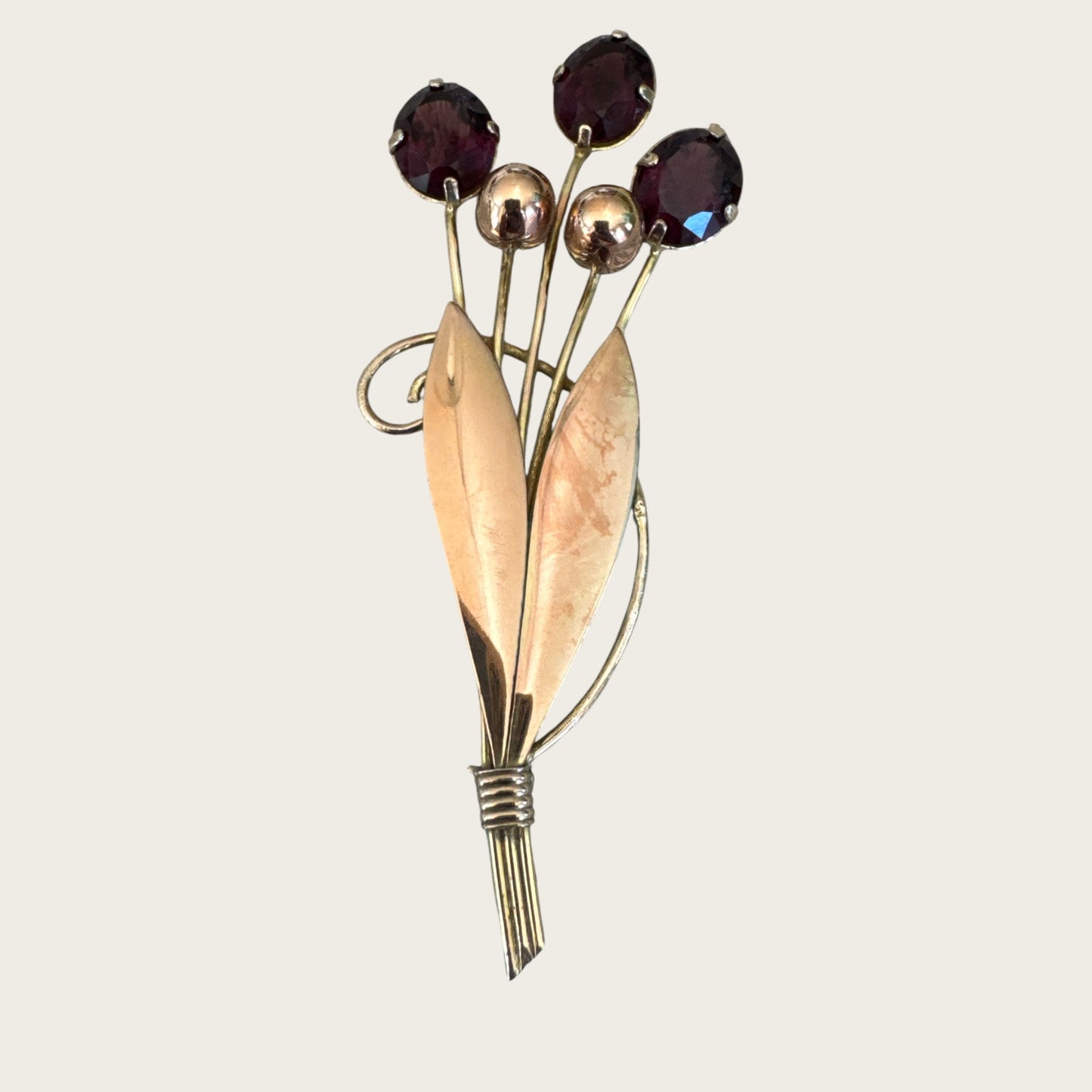 Floral Spray Brooch with Purple Glass Stones – Signed 1/20 12K Gold-Filled