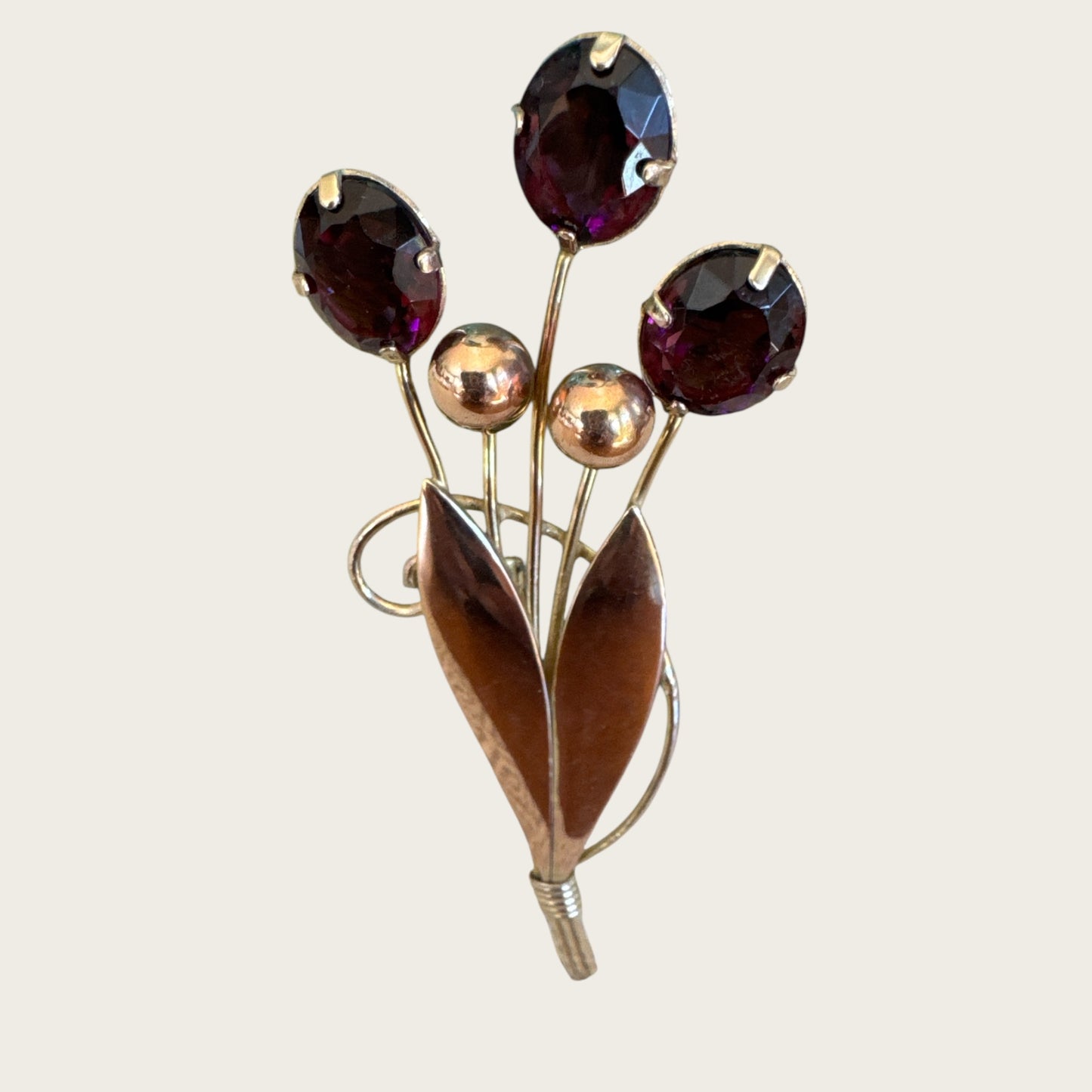 Floral Spray Brooch with Purple Glass Stones – Signed 1/20 12K Gold-Filled