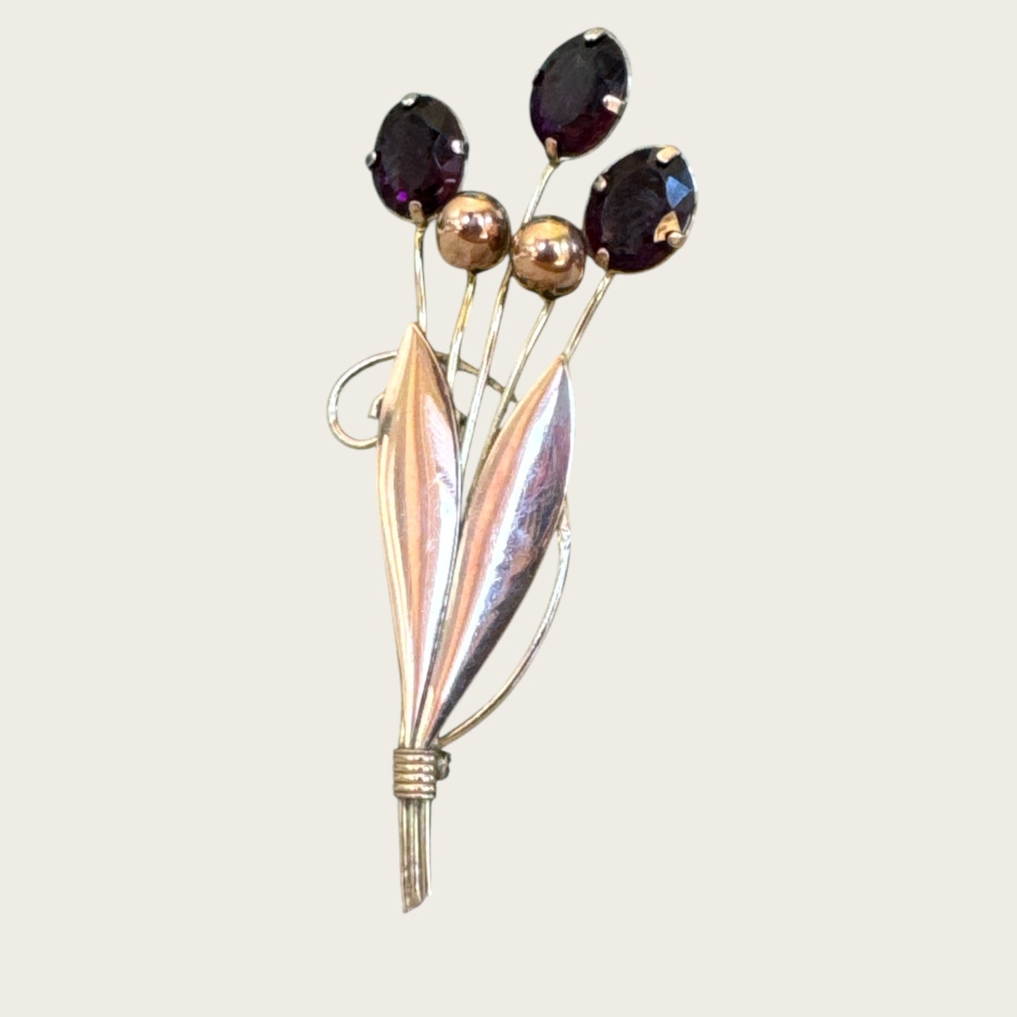 Floral Spray Brooch with Purple Glass Stones – Signed 1/20 12K Gold-Filled