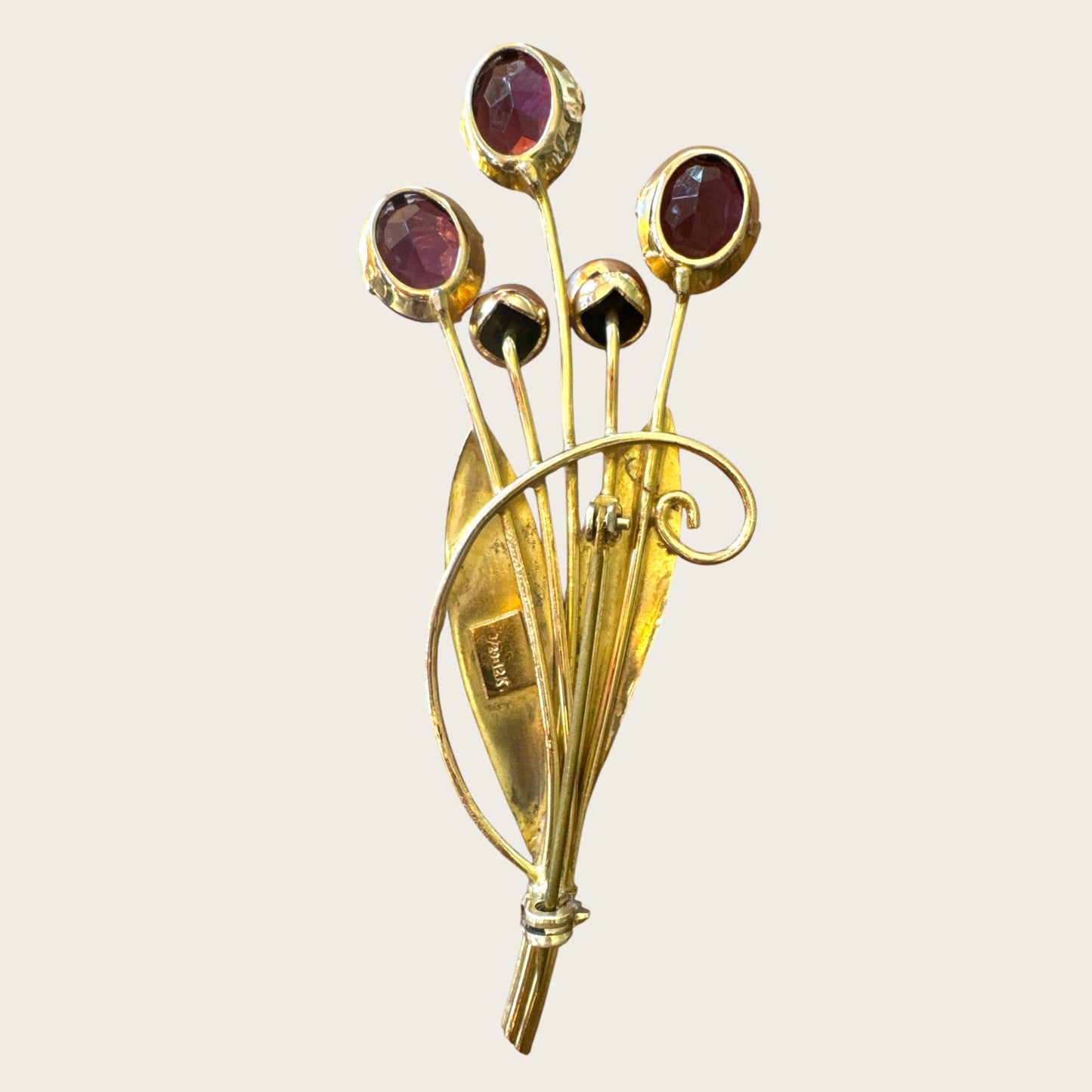 Floral Spray Brooch with Purple Glass Stones – Signed 1/20 12K Gold-Filled