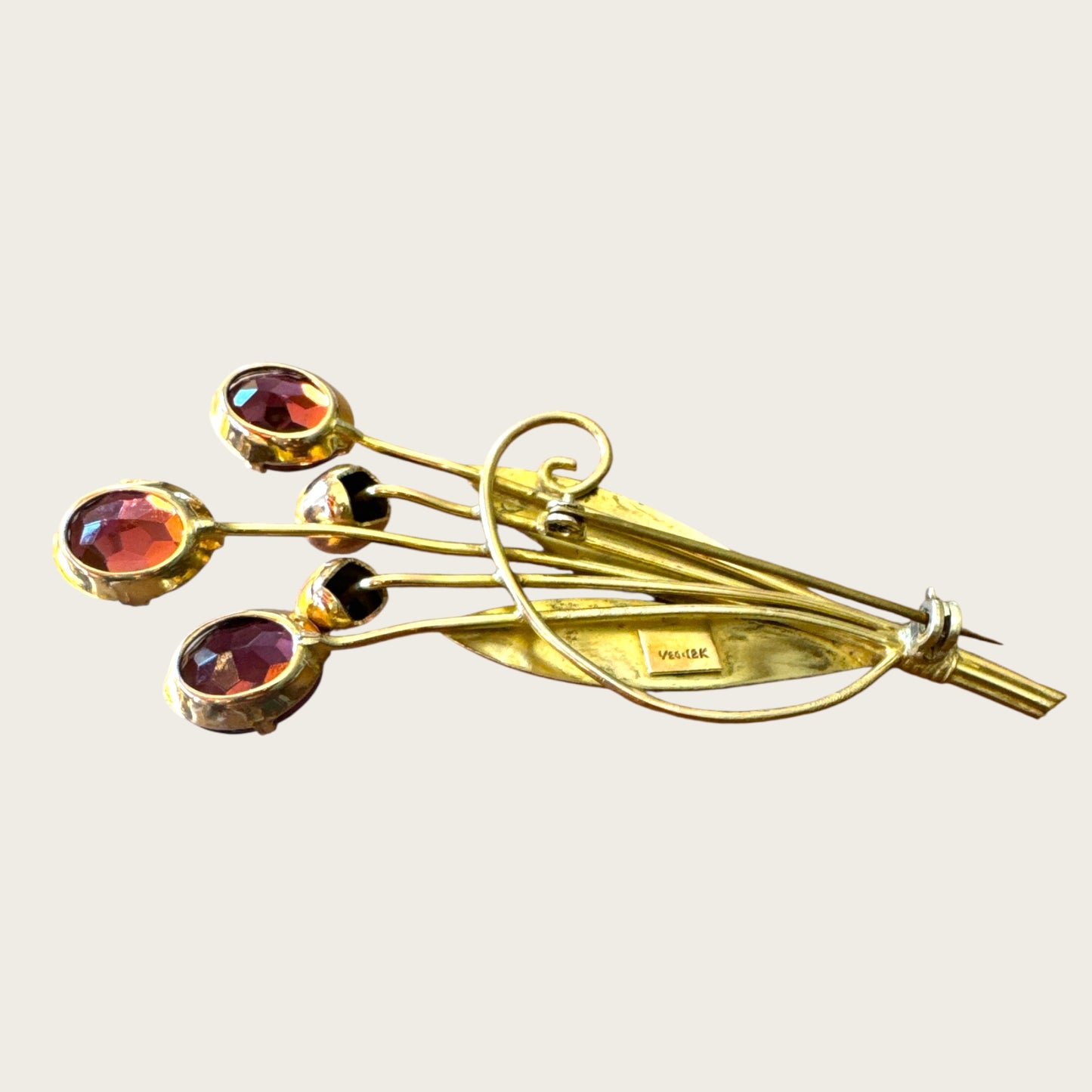 Floral Spray Brooch with Purple Glass Stones – Signed 1/20 12K Gold-Filled
