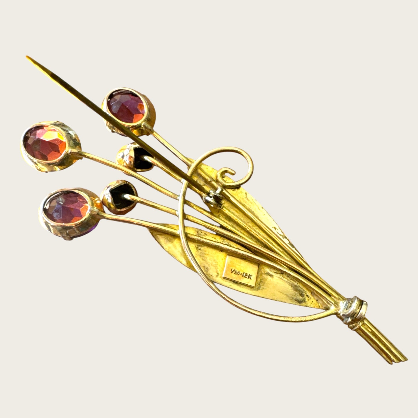 Floral Spray Brooch with Purple Glass Stones – Signed 1/20 12K Gold-Filled