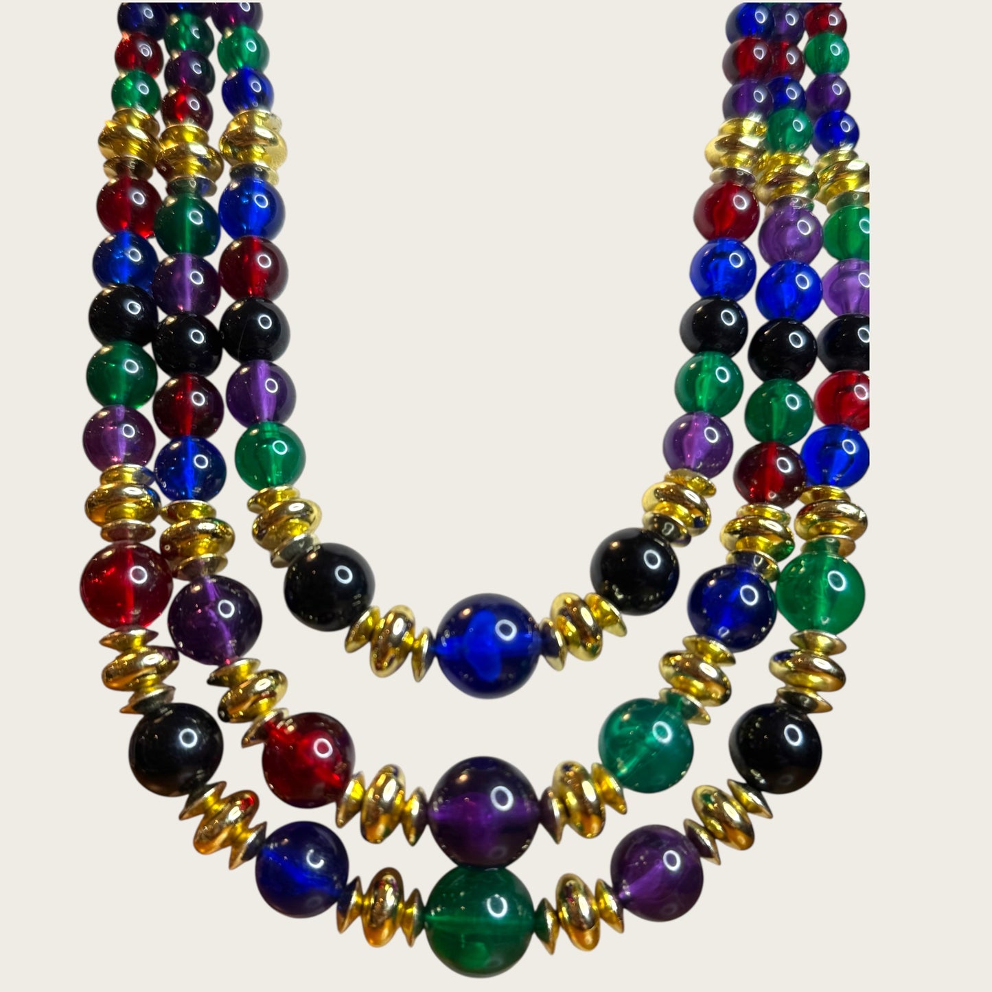 Vintage Triple-Strand Lucite Beaded Necklace – Red, Blue, Green with Gold-Tone Accents