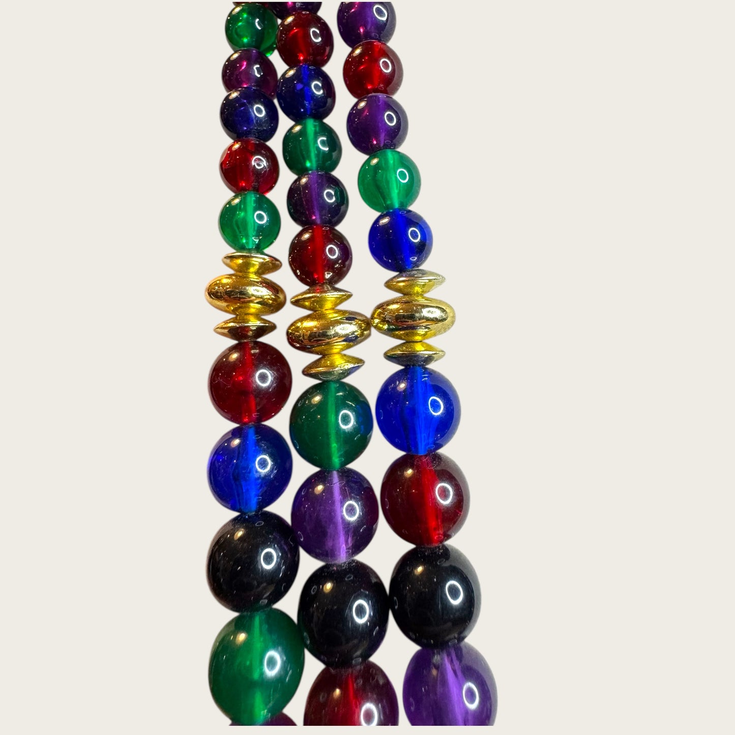 Vintage Triple-Strand Lucite Beaded Necklace – Red, Blue, Green with Gold-Tone Accents