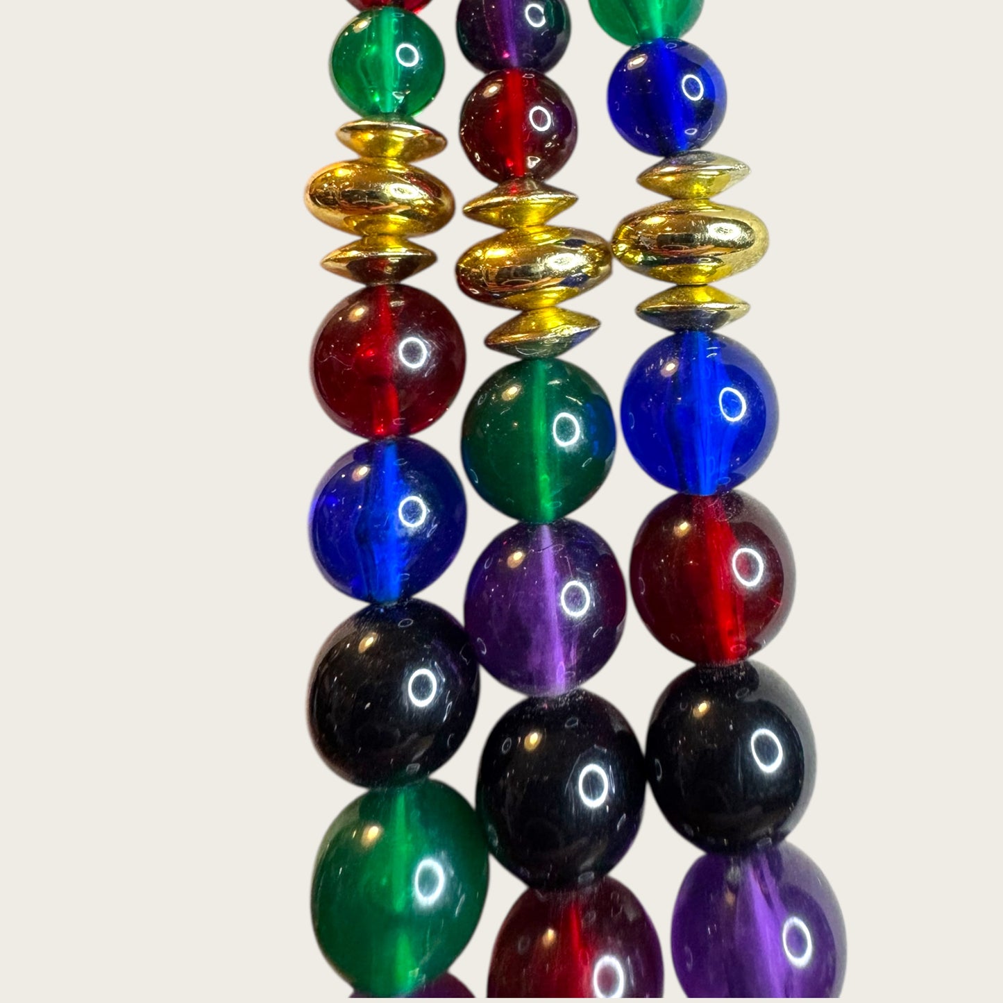 Vintage Triple-Strand Lucite Beaded Necklace – Red, Blue, Green with Gold-Tone Accents