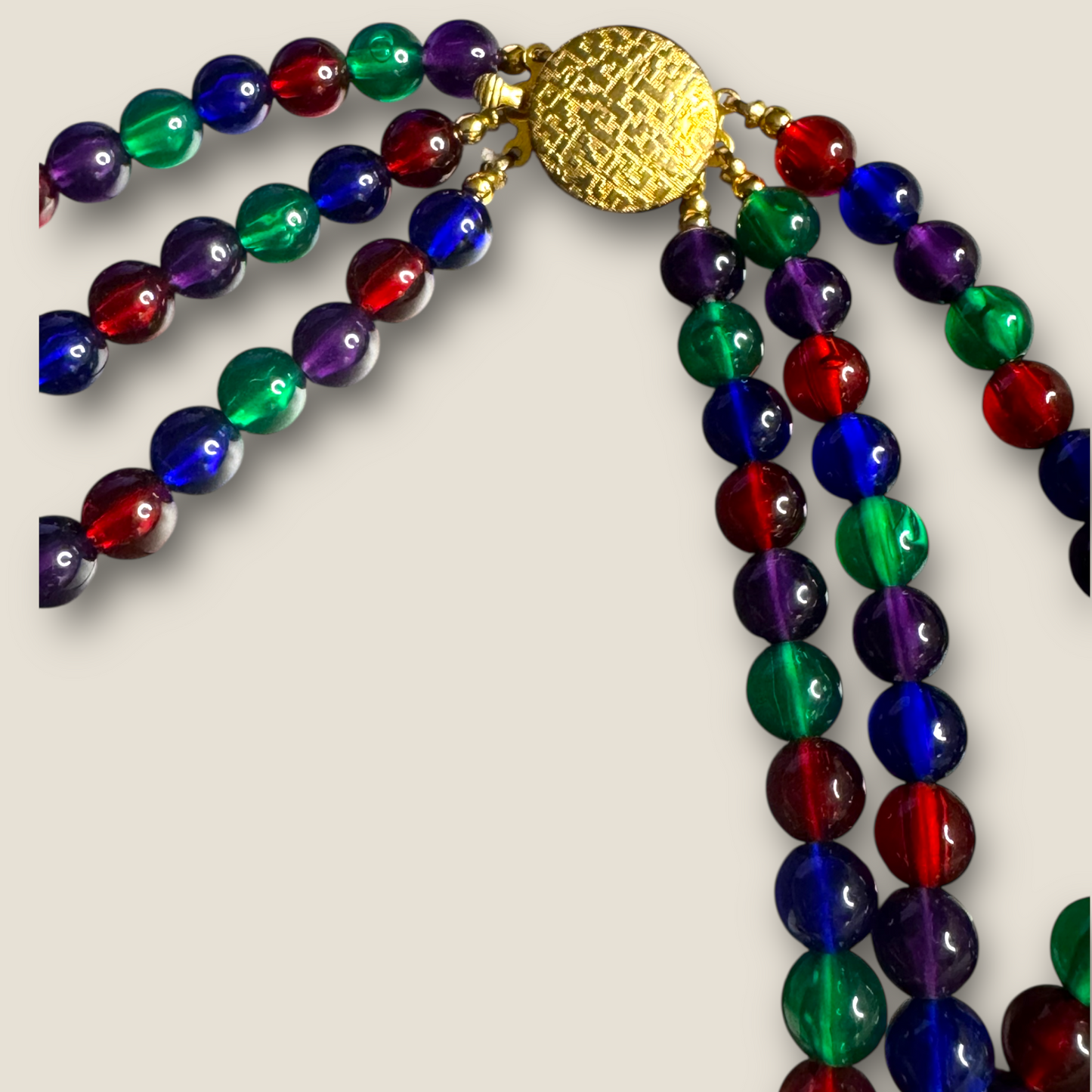 Vintage Triple-Strand Lucite Beaded Necklace – Red, Blue, Green with Gold-Tone Accents