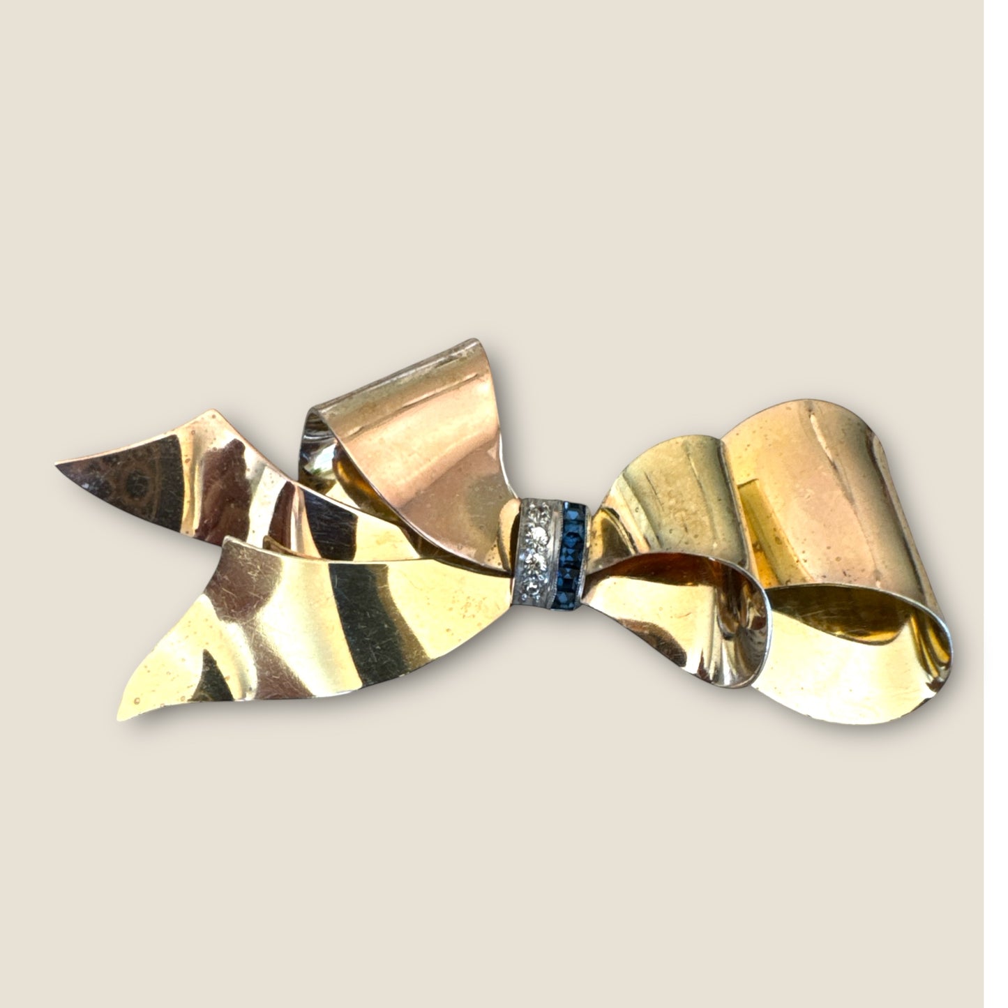 Vintage Taylord Sterling Vermeil Bow Brooch – 12K Gold-Filled Ribbon Pin with Simulated Sapphires