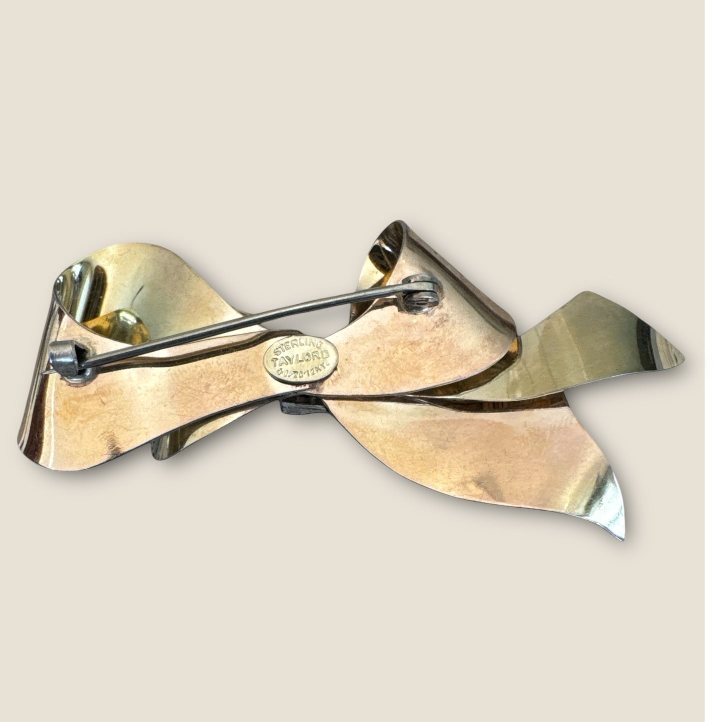 Vintage Taylord Sterling Vermeil Bow Brooch – 12K Gold-Filled Ribbon Pin with Simulated Sapphires