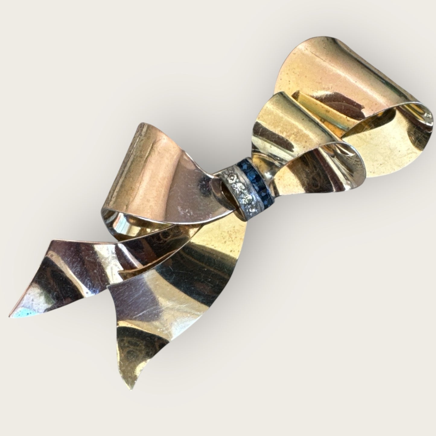 Vintage Taylord Sterling Vermeil Bow Brooch – 12K Gold-Filled Ribbon Pin with Simulated Sapphires