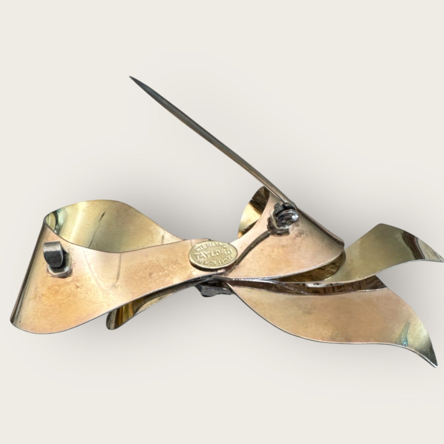 Vintage Taylord Sterling Vermeil Bow Brooch – 12K Gold-Filled Ribbon Pin with Simulated Sapphires