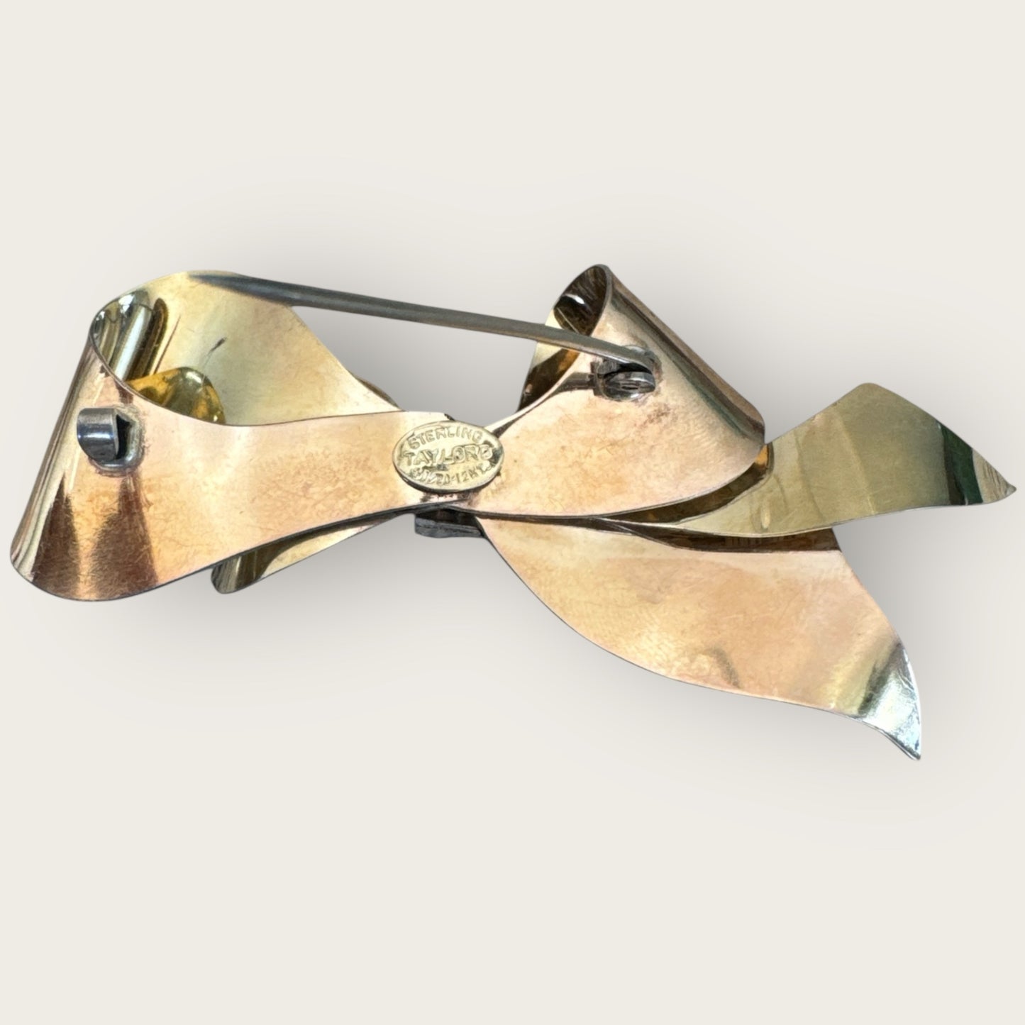 Vintage Taylord Sterling Vermeil Bow Brooch – 12K Gold-Filled Ribbon Pin with Simulated Sapphires