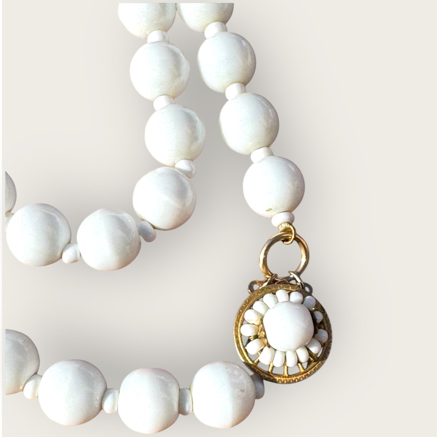 Vintage Miriam Haskell White Milk Glass Necklace & Screw-Back Earrings Set – Signed Mid-Century Jewelry