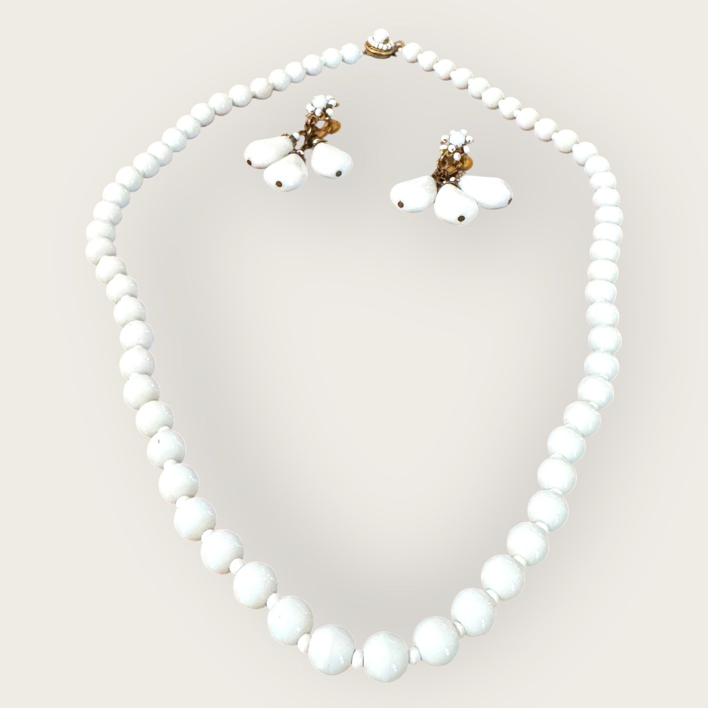 Vintage Miriam Haskell White Milk Glass Necklace & Screw-Back Earrings Set – Signed Mid-Century Jewelry