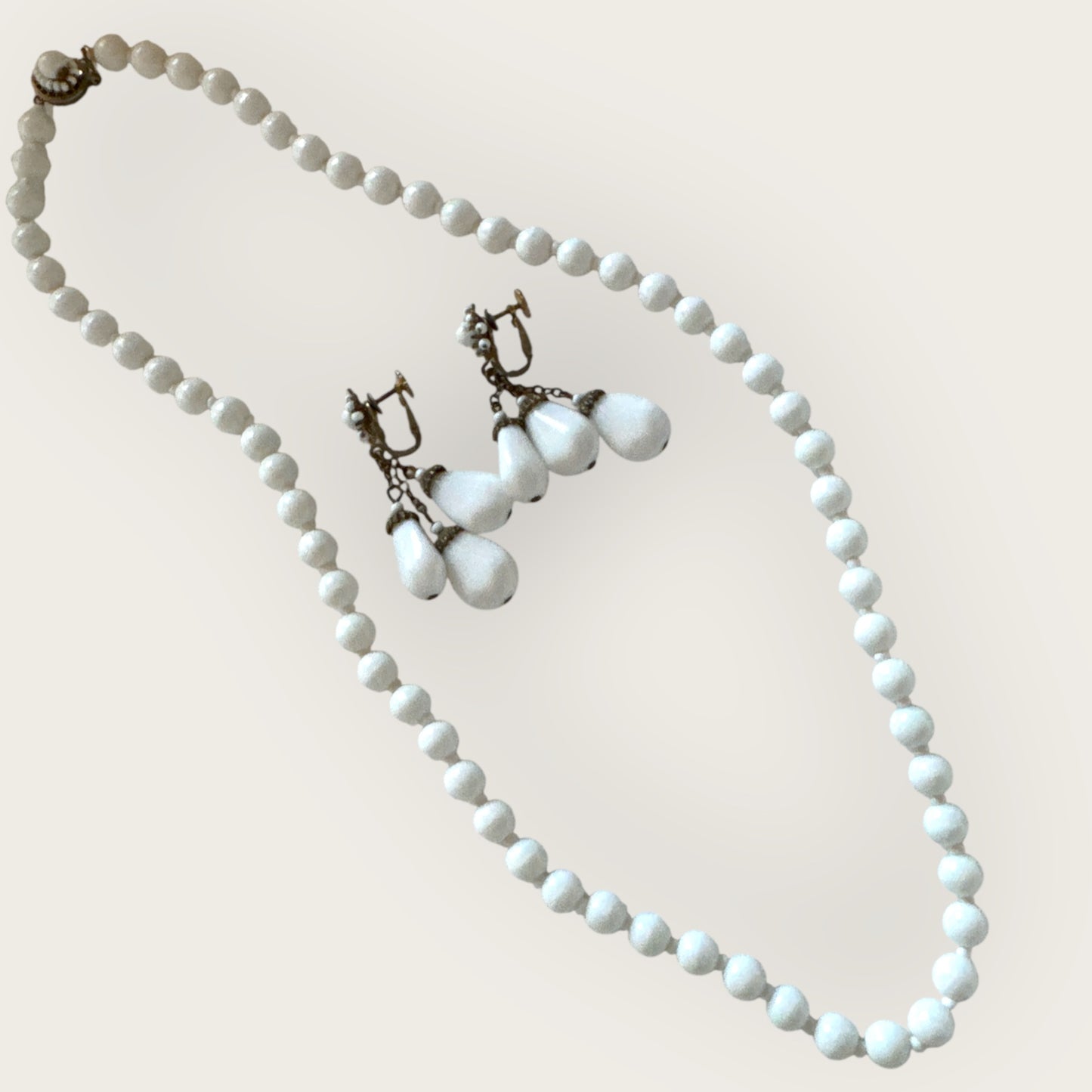 Vintage Miriam Haskell White Milk Glass Necklace & Screw-Back Earrings Set – Signed Mid-Century Jewelry