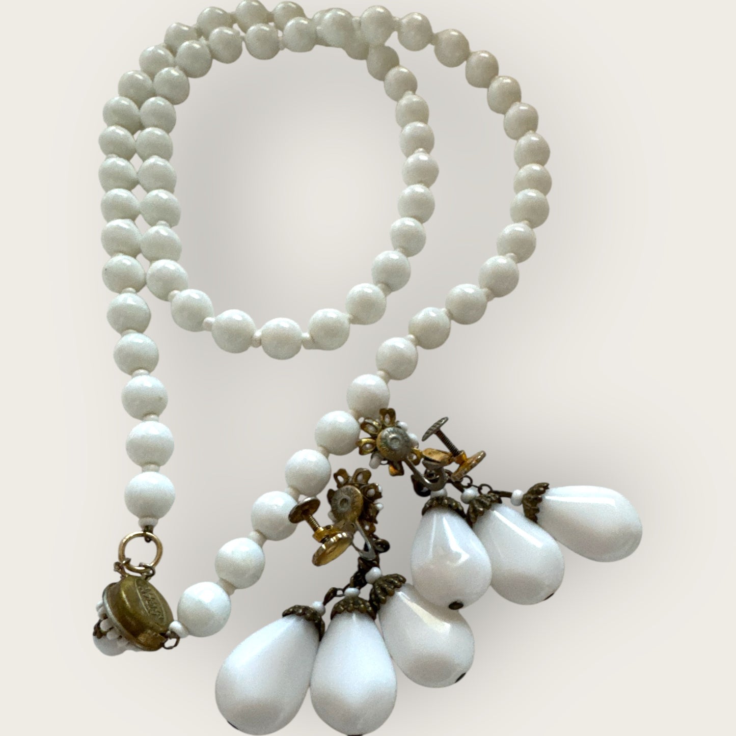 Vintage Miriam Haskell White Milk Glass Necklace & Screw-Back Earrings Set – Signed Mid-Century Jewelry