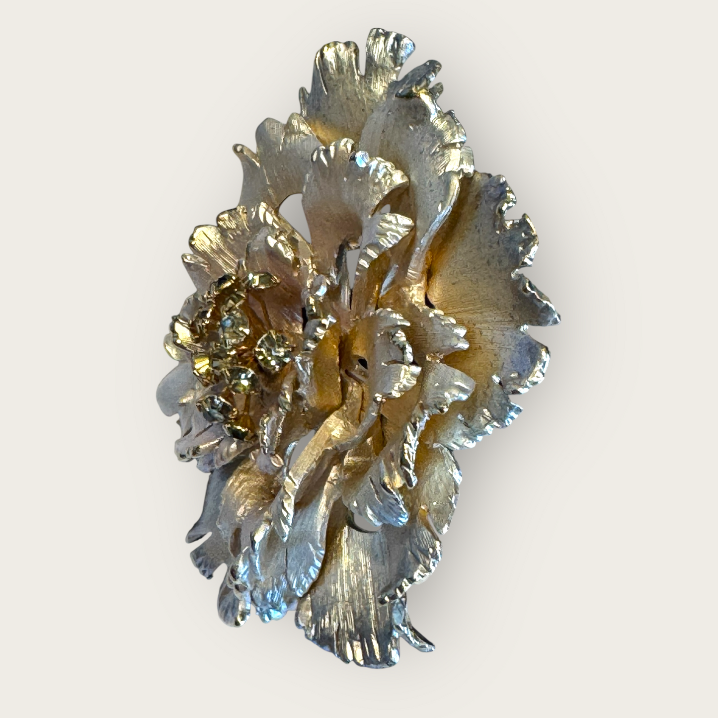 Vintage Silver Satin Metal Peony Flower Brooch with Smoky Rhinestones