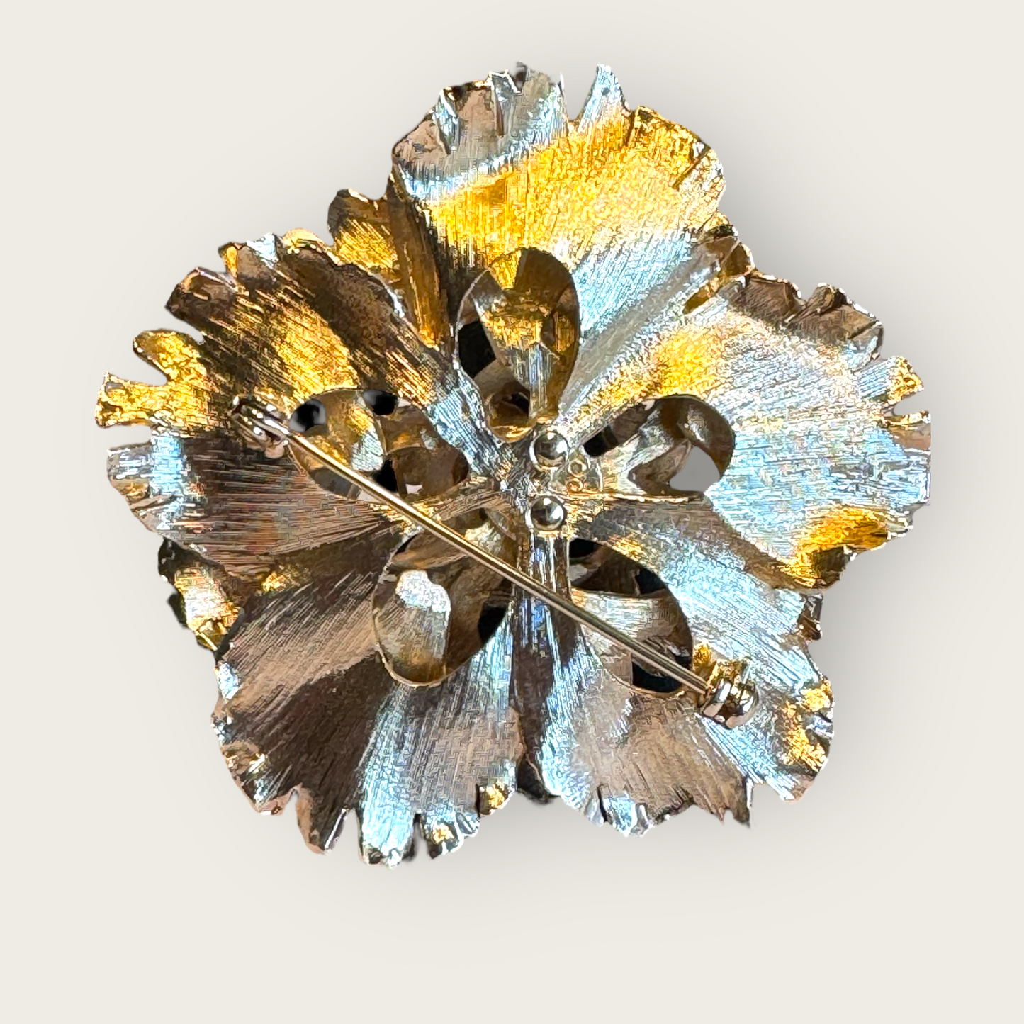 Vintage Silver Satin Metal Peony Flower Brooch with Smoky Rhinestones