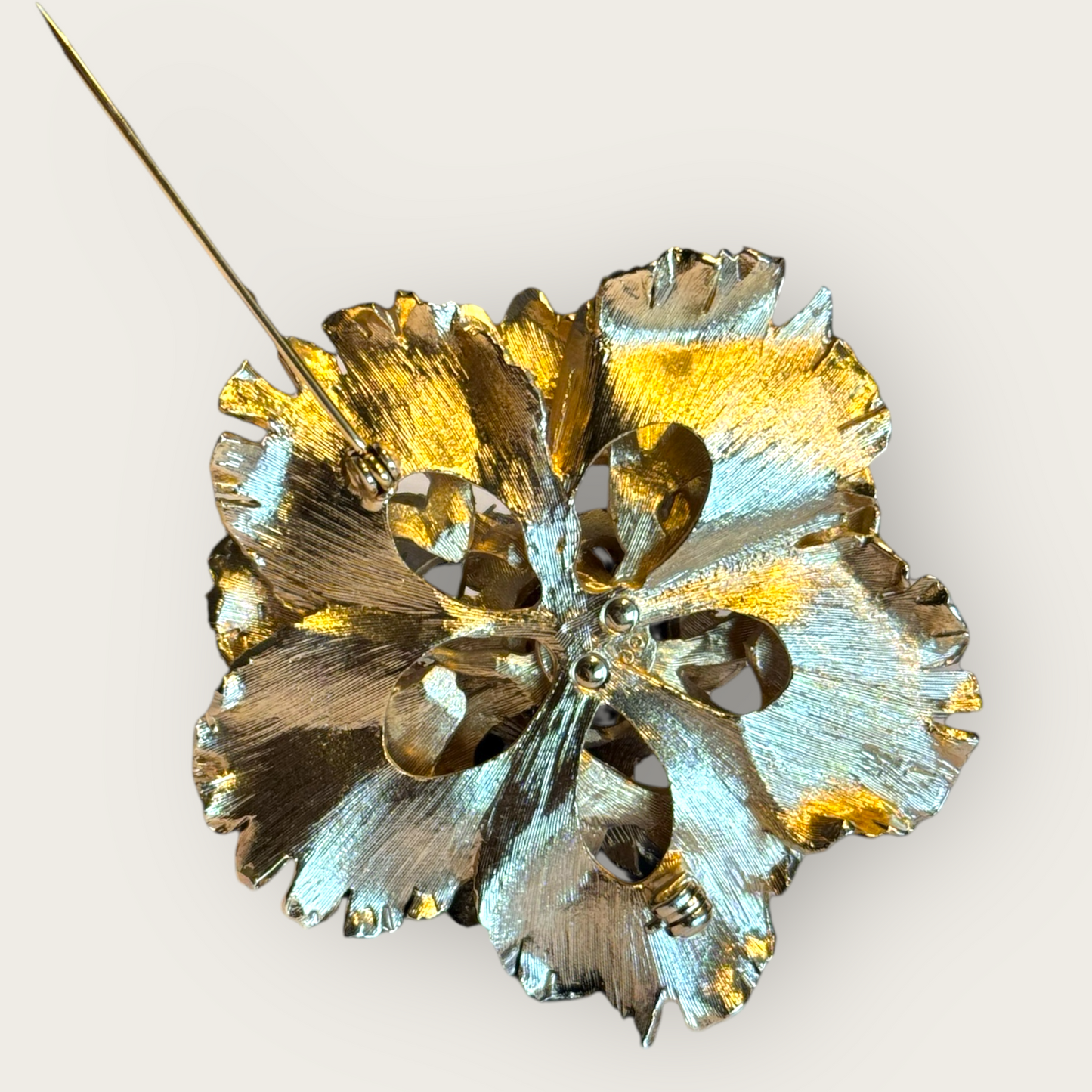 Vintage Silver Satin Metal Peony Flower Brooch with Smoky Rhinestones